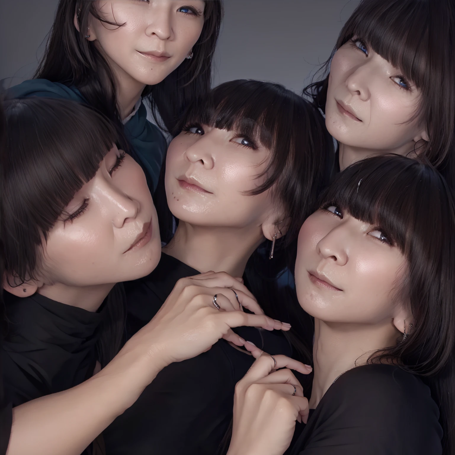 Raw photo、((5girls)),Open eyes、(dripping a lot of saliva)、Five women suck each other&#39;s breasts and drink each other&#39;s saliva、The same face、Long black hair,chiquita、(orgasm face:1.4)、same person、(Face covered with saliva)、(lesbian orgy)