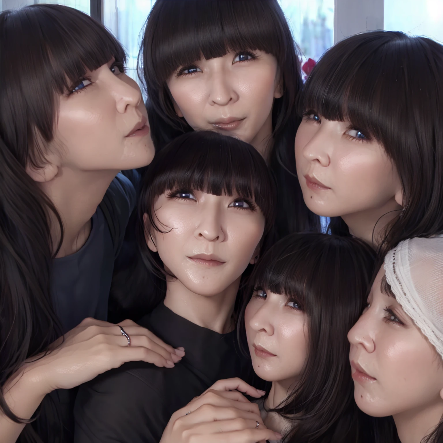 Raw photo、((5girls)),Open eyes、(dripping a lot of saliva)、Five women suck each other&#39;s breasts and drink each other&#39;s saliva、The same face、Long black hair,chiquita、(orgasm face:1.4)、same person、(Face covered with saliva)、(lesbian orgy)