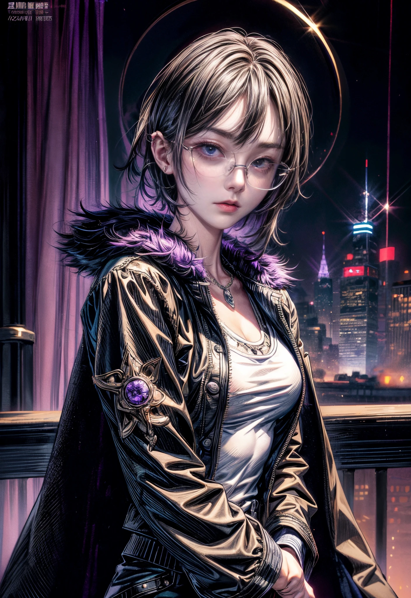 Cinematic lighting,super detailed skin、Beautiful detailed eyes、Best Quality,cyberpunked,(Alternative、dim colors, Soothing tones、Perfect Anatomy:1.3),(1beautiful woman、Detailed beautiful facial features:1.3)(black hair shorthair、eye glass:1.5)well-shaped breasts、BREAK.White Shirt Tops、Black Satin Suit Slacks、(purple fur down jacket)BREAK.A dark-haired、big frame glasses、hands in the pocket、arms in arms、Near city station、natta。jpn