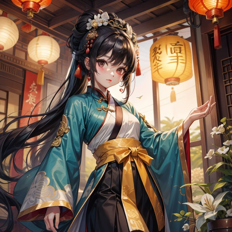 Chinese girl,She is gentle and elegant,She puts her hair up,Has black hair,黑The eye,the Tang Dynasty,Hanfu tops and Hanfu long skirts,lanterns