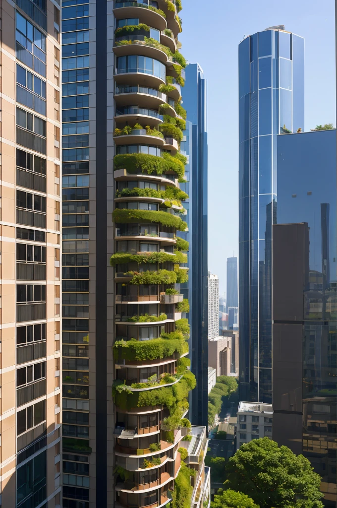 luxury high-rise residential，Balcony view，girl，surrounded by buildings，high-rise garden，City garden，Neatness，delamination，Purity，lindo cenario