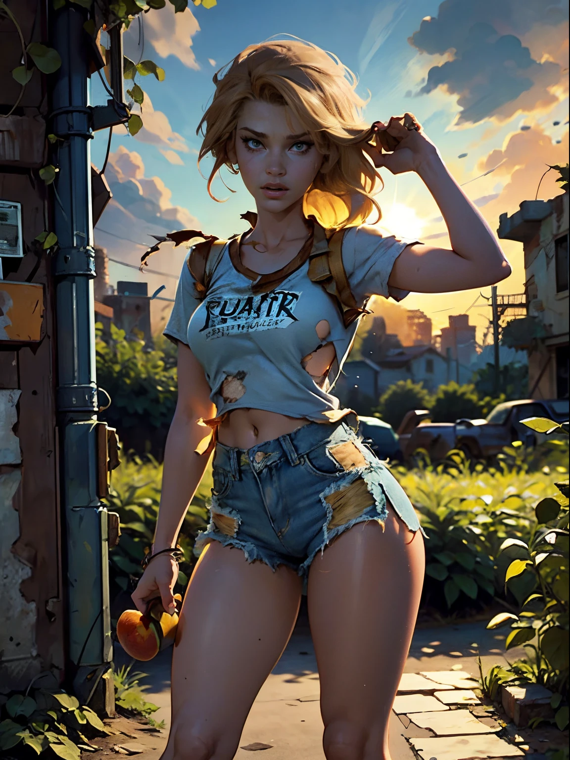 2076 year. The Urban Ruins of the Wasteland, Female huntress picking fruit in the garden, beautiful face, blonde, very torn shirt and denim shorts, shirt in tatters ,  long legs, sweating through, sun rising, Nice warm colors, head to toe full body shot