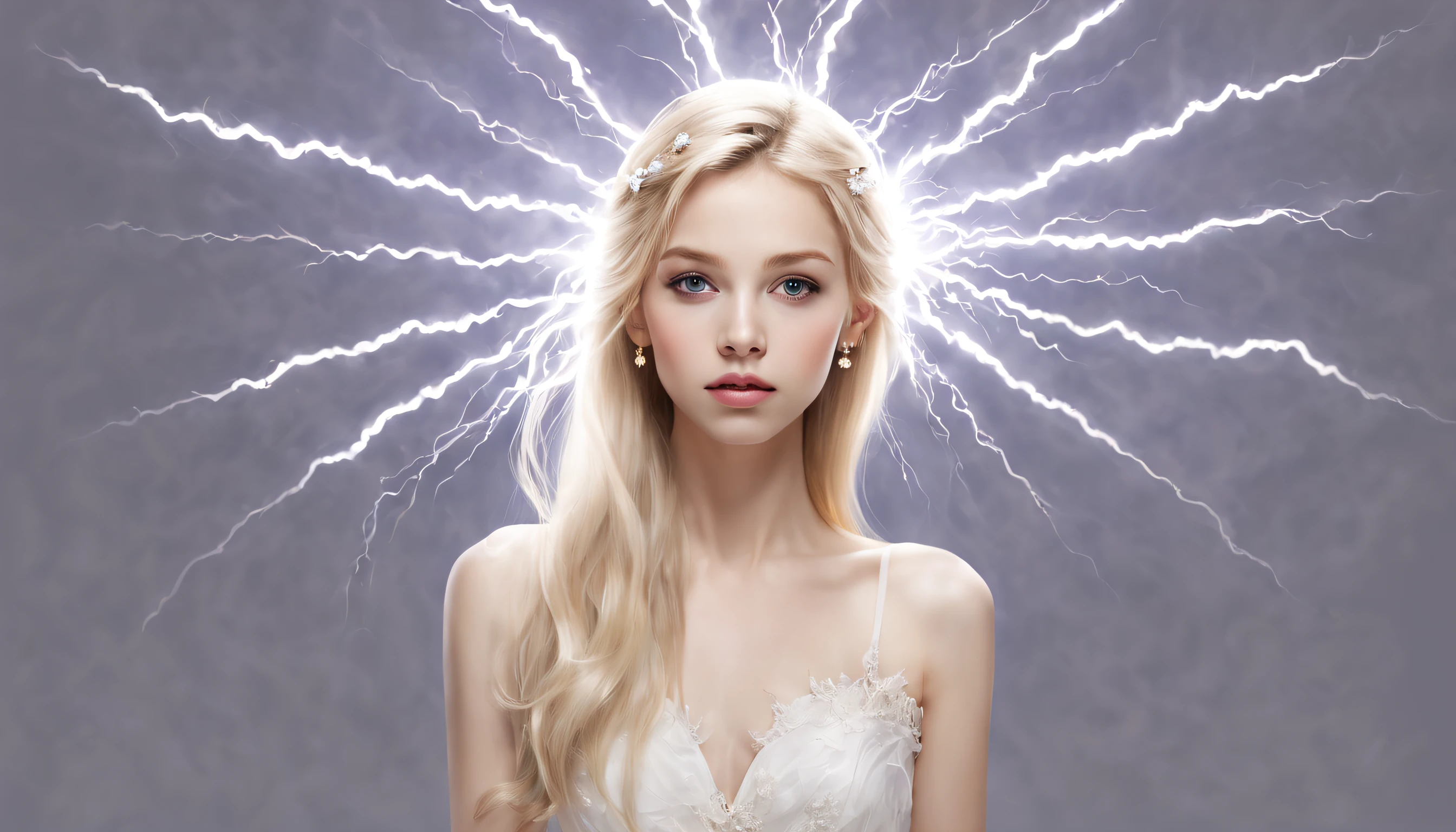 (master part, alta qualidade, melhor qualidade, Arte Oficial, Beauty and Aesthetics:1.2),(1 KIDS long blond hair 1.3),formal_vestir,casamento_vestir,(A CHILD with blond hair wrapped in beams radiating rays),Composed of Thunder Elements,thunders,eletricidade,transparency,((Translucent luminous body)),