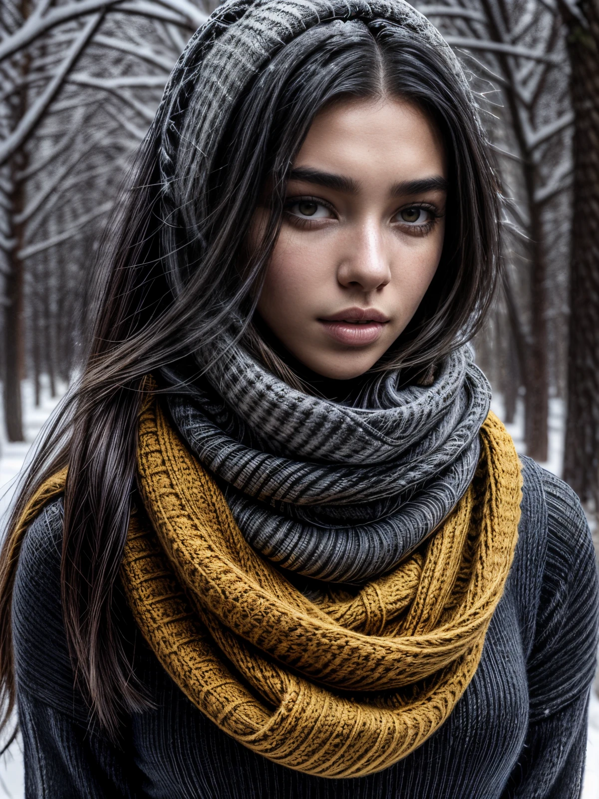 a gorgeous young ebony girl ars old, dua lipa, very long hair, very big yellow eyes, realistic skin texture, look down, black Knitted scarf, black leggings, slender hips, stunning woman, . Model show, sexy pose, Soft Kama Sutra, 8 k high definition, insanely detailed, intricate, elegant, shot by professional photographer Amanda Carlson, winter, snow day, (more snow:1.3),