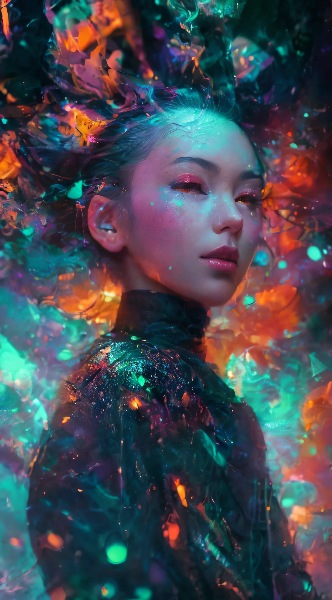 Intricate black light artwork featuring a cosmic dance of neon dragons intertwined with ethereal flowers, each scale and petal emitting a vibrant glow, creating a surreal and mesmerizing scene, Artwork, UV paint on canvas