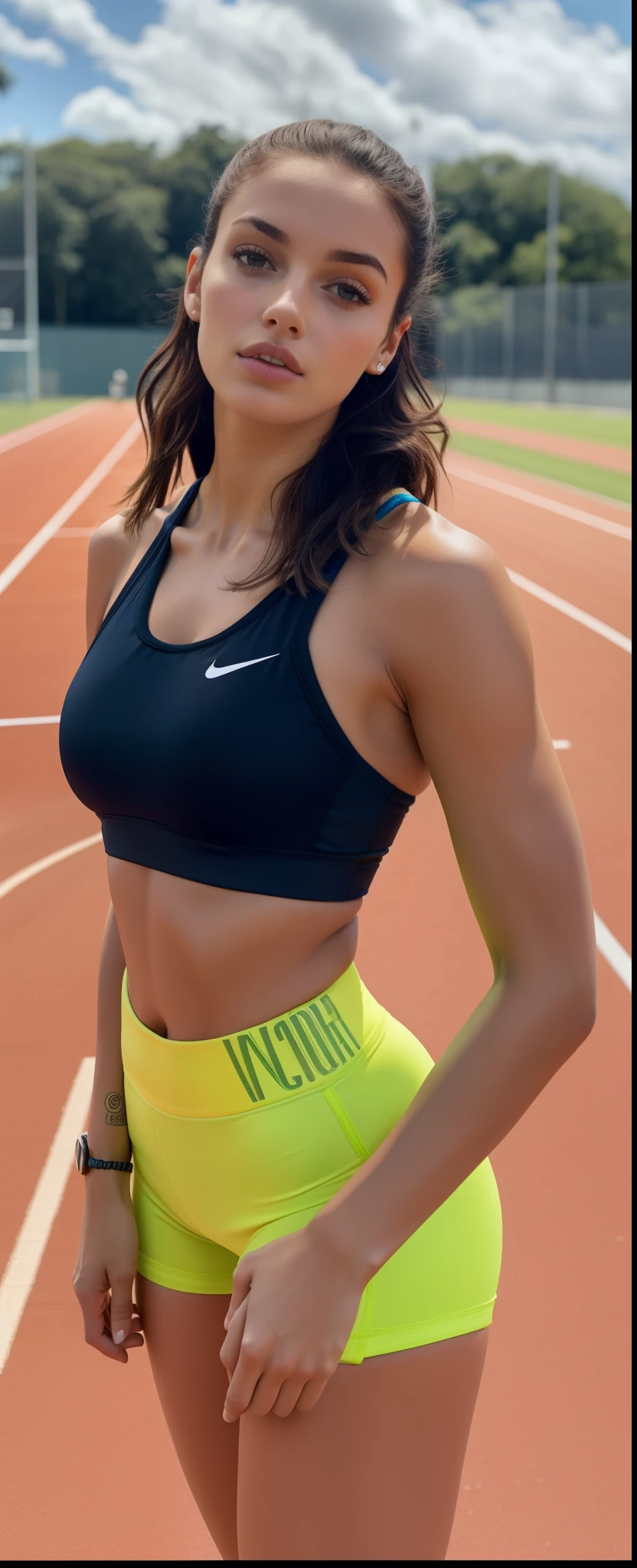 mulher arafada com blusa preta e short amarelo em uma pista, foto fit, Esporte bom, sport bra and shorts, menina em forma, Mina Petrovic, sports bra, sporty physique, Retrato Sophie Mudd, brassier, recorte de meio corpo, physical : tinyest midriff ever, sport bra and dark blue shorts, corpo em forma