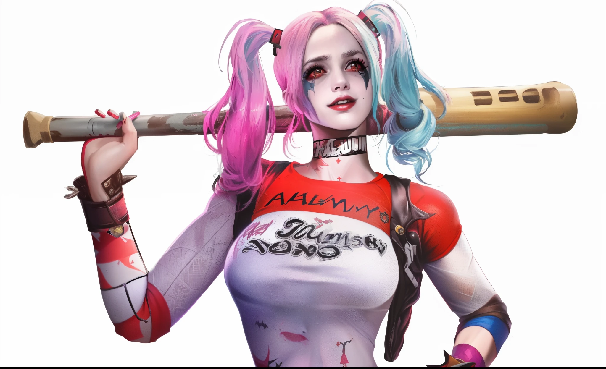 Upset woman with baseball bat and baseball cap, Harley Quinn, harley quinn stand, harley queen, harley quinn, Portrait of Halle Quinn, Highly detailed iconic characters, Harley Quinn movie stills, Black Harley Queen Cosplay, Emma Watson plays Harley Quinn, videgame character, bad posture, Emma Watson is Harley Quinn, GameCG, badass look