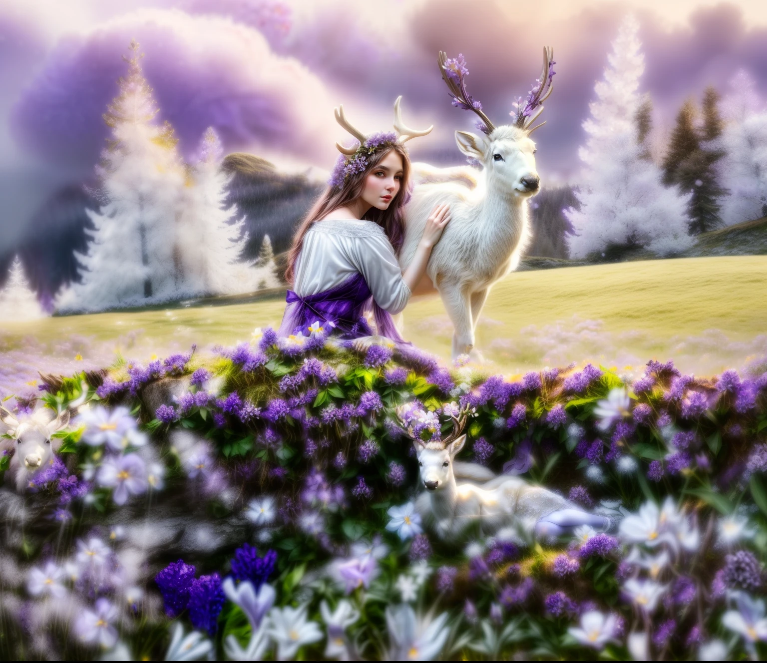 (a woman in a white++++++ gown), (sitting with deer in the snow), (((graceful horns on the head))), ((((((with beautiful purple flowers around her)))))),  ((small reindeer in flowers: 1,75)), Fantasy photography, fantasy matte painting, (Nymphs and satyr), ((((Volume)))),  an epic fantasy,  lost in a dreamy fairy landscape, The White Witch, Young woman with horns, Lucia Peka, ethereal fairytale, beautiful nordic woman, with white deer,  Realistic fantasy photography, inspired by William Bouguereau, Pale ivory skin