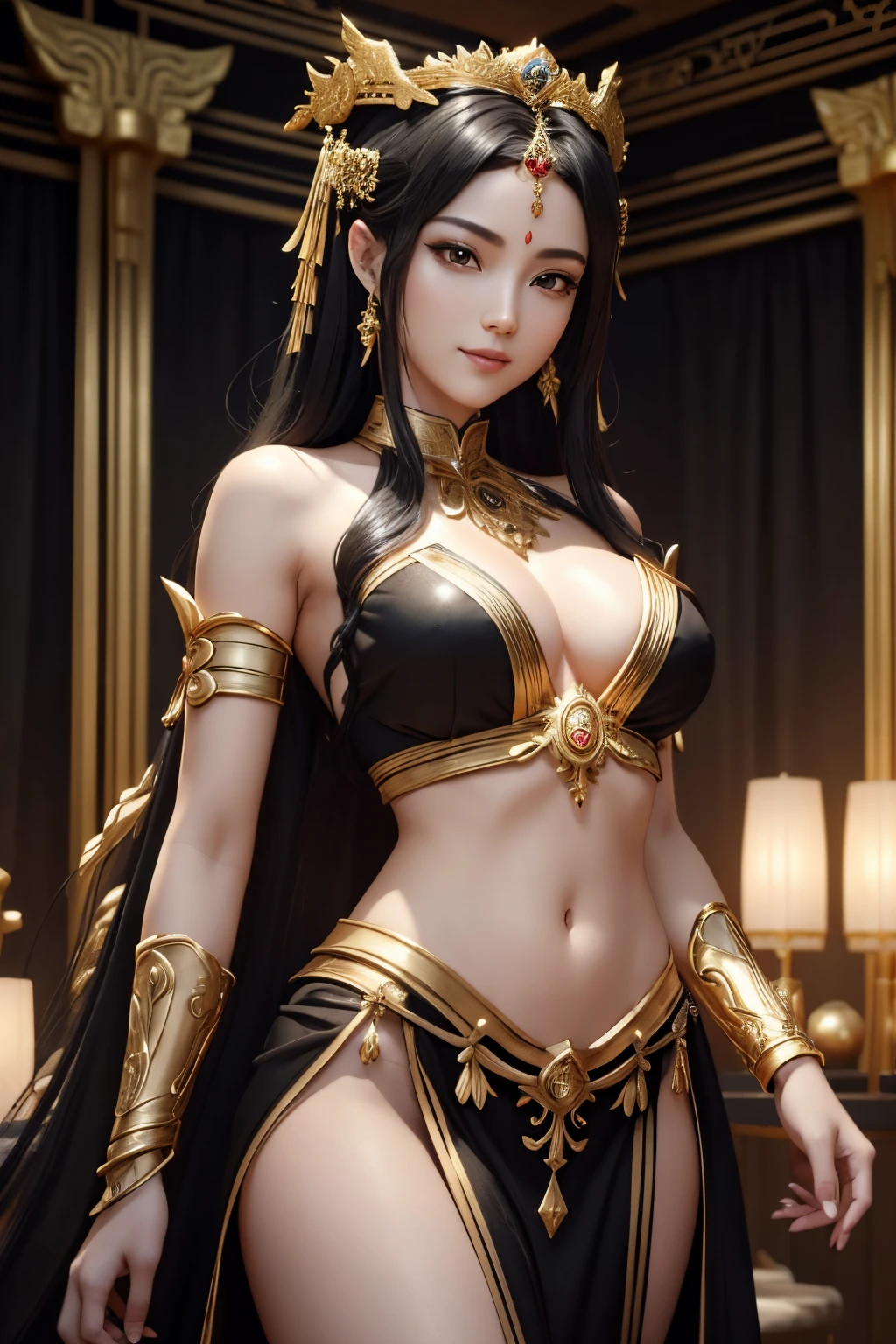 8K,A small-breasted Arafo goddess wearing a black and white exterior, Beautiful fantasy empress with small breasts, gray long hair,Golden eyes,tiny chest,royal elegant pose, 8k high quality detailed art, elegant cinematic pose, 3 d render character art 8 k, ((a beautiful fantasy empress)), goddes, Goddess. extremely high detail, extremely detailed goddess shot, 2. 5 d cgi anime fantasy artwork,Holds a luxurious black and gold cane,超A high resolution,Super precise hand details,a smile,Temple of the Forest,Golden decoration(delicate golden work)enticing,A sexy,Look at viewers,