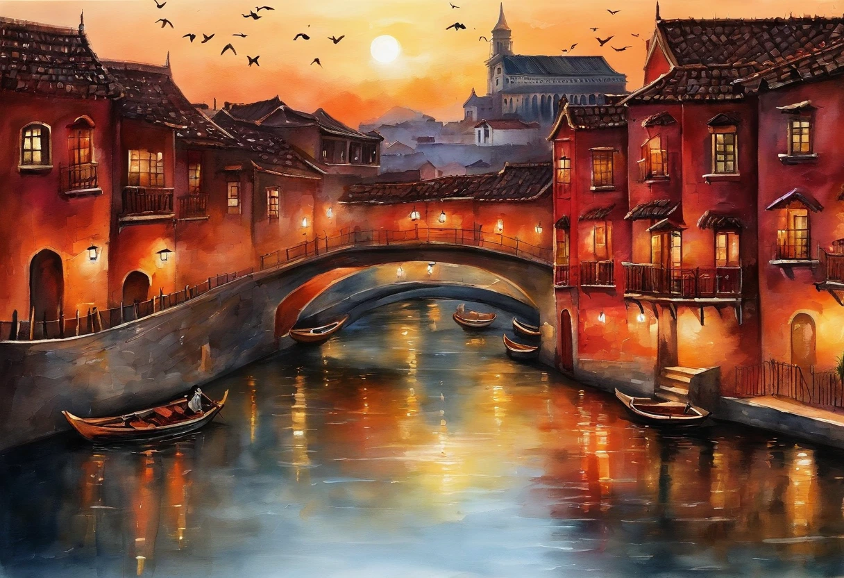 This image shows a romantic evening scene，In the center of the picture is a wide canal，The river is calm，Reflecting the warm colors of the sky and the silhouette of the surrounding buildings。On both sides of the canal are a series of buildings of different styles，Including red tower with bell tower、Classical style architecture with arched windows and decorative tile roofs。The lights of these buildings started to come on，Create a warm atmosphere。There are several red parasols along the river，Seems to be part of an outdoor restaurant or cafe。Several pedestrians stroll along the river bank，Or chat under the colonnade。Several birds flying in the sky add to the vividness。Overall，This picture gives people a peaceful and comfortable feeling，It seems to be a corner of a tourist destination or leisure resort。