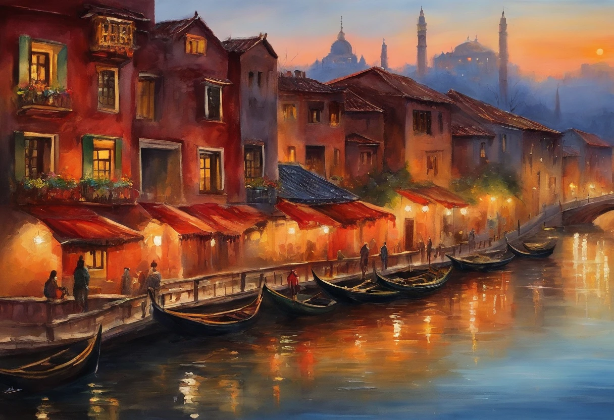 This image shows a romantic evening scene，In the center of the picture is a wide canal，The river is calm，Reflecting the warm colors of the sky and the silhouette of the surrounding buildings。On both sides of the canal are a series of buildings of different styles，Including red tower with bell tower、Classical style architecture with arched windows and decorative tile roofs。The lights of these buildings started to come on，Create a warm atmosphere。There are several red parasols along the river，Seems to be part of an outdoor restaurant or cafe。Several pedestrians stroll along the river bank，Or chat under the colonnade。Several birds flying in the sky add to the vividness。Overall，This picture gives people a peaceful and comfortable feeling，It seems to be a corner of a tourist destination or leisure resort。