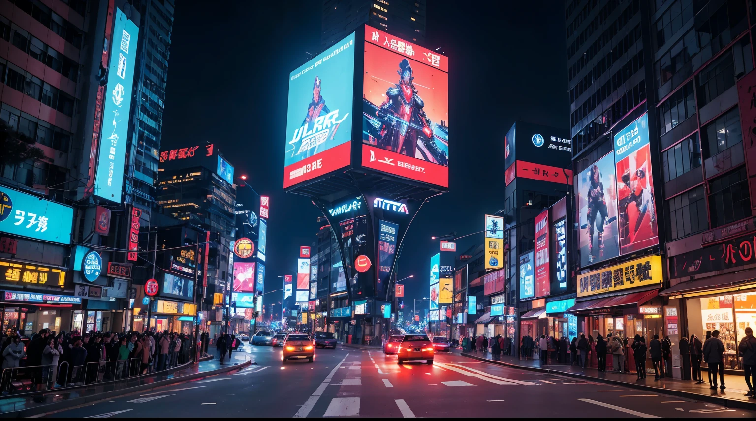 Ultra calidad, foto realismo, Tokio ciberpunk, mega futuristic cyberpunk street with tall buildings and led lighting, Lots of neon lights, carteles luminosos led, television screens in buildings, Flying vehicles, naves espaciales volando