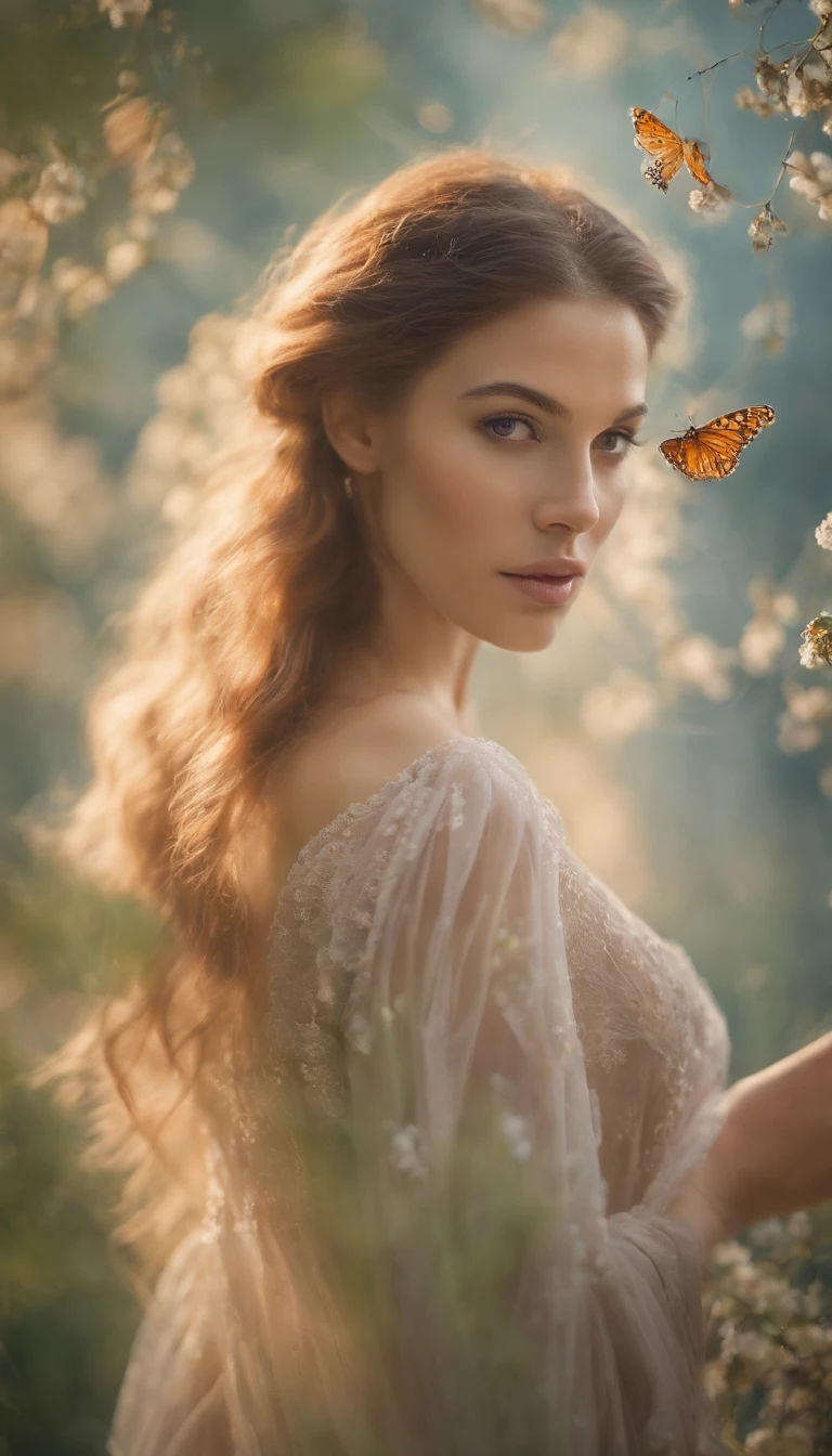 (best quality,4k,8k,highres,masterpiece:1.2),ultra-detailed,realistic,beautiful girl,nature theme,ethereal beauty,enchanted garden,gentle breeze,delicate blooming flowers,soft sunlight streaming through the trees,vibrant colors,graceful movements,detailed facial features,long flowing hair,sparkling eyes,wispy dress swirling in the wind,peaceful atmosphere,serene expression,surrounded by butterflies,faint scent of flowers,harmonious connection with nature,impressionistic style,soft pastel tones,hint of romance,magical aura,subtle lighting effects
