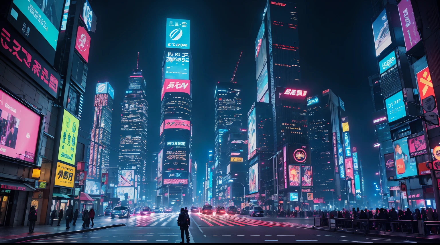 Ultra calidad, foto realismo, Tokio ciberpunk, mega futuristic cyberpunk street with tall buildings and led lighting, Lots of neon lights, carteles luminosos led, television screens in buildings, Flying vehicles, naves espaciales volando