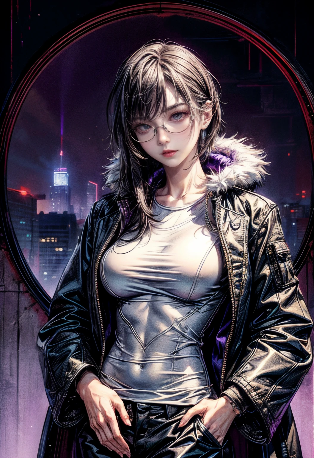 Cinematic lighting,super detailed skin、Beautiful detailed eyes、Best Quality,cyberpunked,(Alternative、dim colors, Soothing tones、Perfect Anatomy:1.3),(1beautiful woman、Detailed beautiful facial features:1.3)（black hair shorthair、eye glass:1.5）well-shaped breasts、BREAK.White Shirt Tops、Black Satin Suit Slacks、(purple fur down jacket)BREAK.A dark-haired、big frame glasses、hands in the pocket、arms in arms、Near city station、natta。jpn, Colossal tits