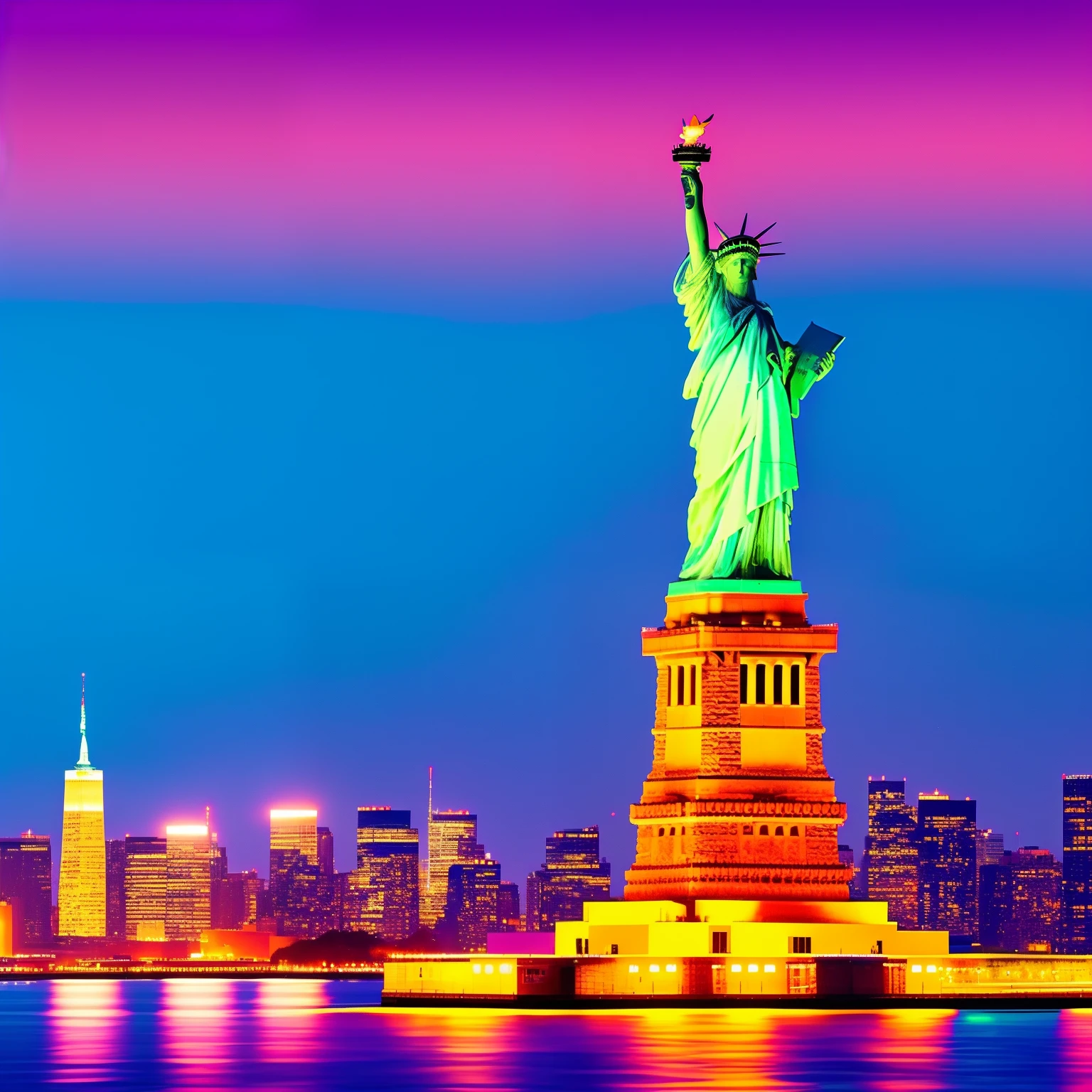 Statue of Liberty in the United States 🇺🇸 New York harbor at night in the style of Peter max