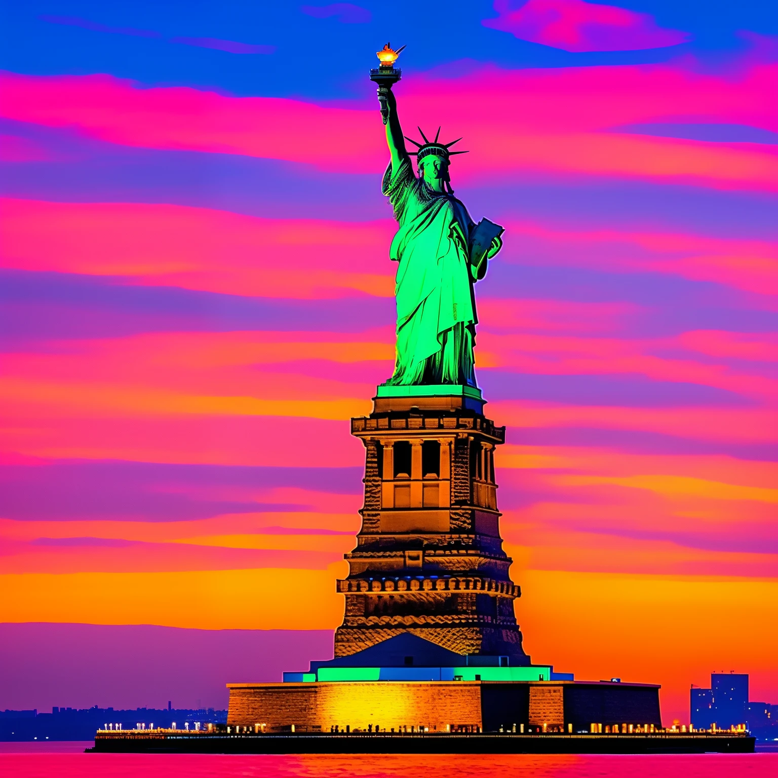 Statue of Liberty in the United States 🇺🇸 New York harbor at night in the style of Peter max