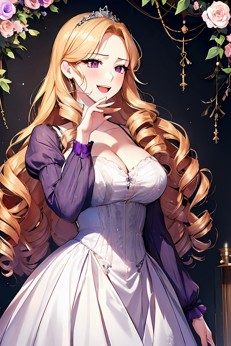 ((shoujo-style)), ((romance manhwa)), ((floral background)), 8k, masterpiece, highly detailed, solo, 1girl, laughing, hand on hip, ojou curls, (ojou-sama pose:1.2), happy, open mouth, blonde hair, long hair, flower, dress, (tiara), white dress, (gloves), long sleeves, thick eyeblows, purple eyes, white gloves, purple bow, purple flower, wavy hair, standing, bow, jewelry, looking at viewer, black background, collarbone, puffy sleeves, upper body, parted bangs, very long hair, purple dress, frills, bangs, cowboy shot, huge breast, cleavage