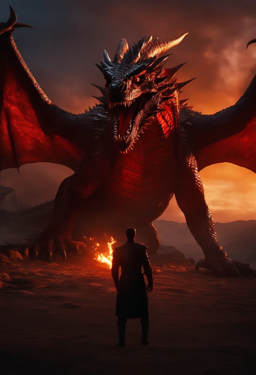 An epic selfie of me and Balerion the Black Dread, with his colossal head looming behind me and his fiery eyes gleaming in the morning light.,A Song of Ice and Fire,the largest dragon to have ever lived. black scales with red and black dragonfire, male