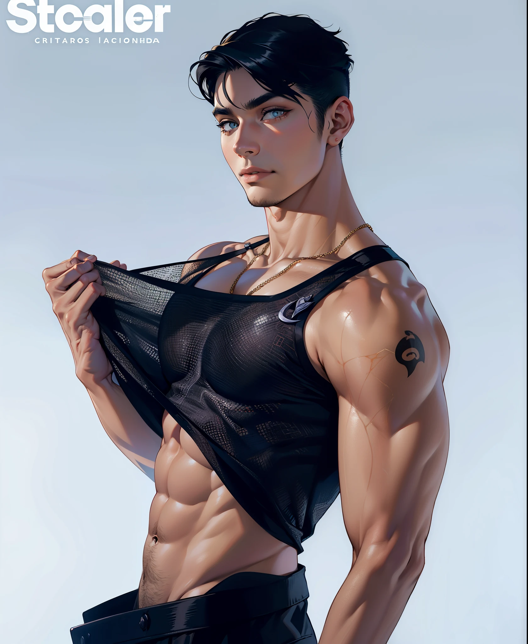 (((1boy))), ((tonificado)), foco masculino, obra-prima, alta qualidade, (obra-prima:1.2), (melhor qualidade:1.2), pele brilhante, realista, ornamentada, intrincada, ((cabelos pretos)), com raiva, (cabelos curto), olhos azuis de gato, gritando, olhos de gato, franja, cabelo entre os olhos, looking_at_viewer, red_eyeliner, FH, boca aberta, olhando para o espectador, pupils constricted, dinamic pose, (sombras projetadas sobre o rosto:1.3), sexy expression , (parte superior do corpo), pintura tinta tradicional chinesa, (serius face)