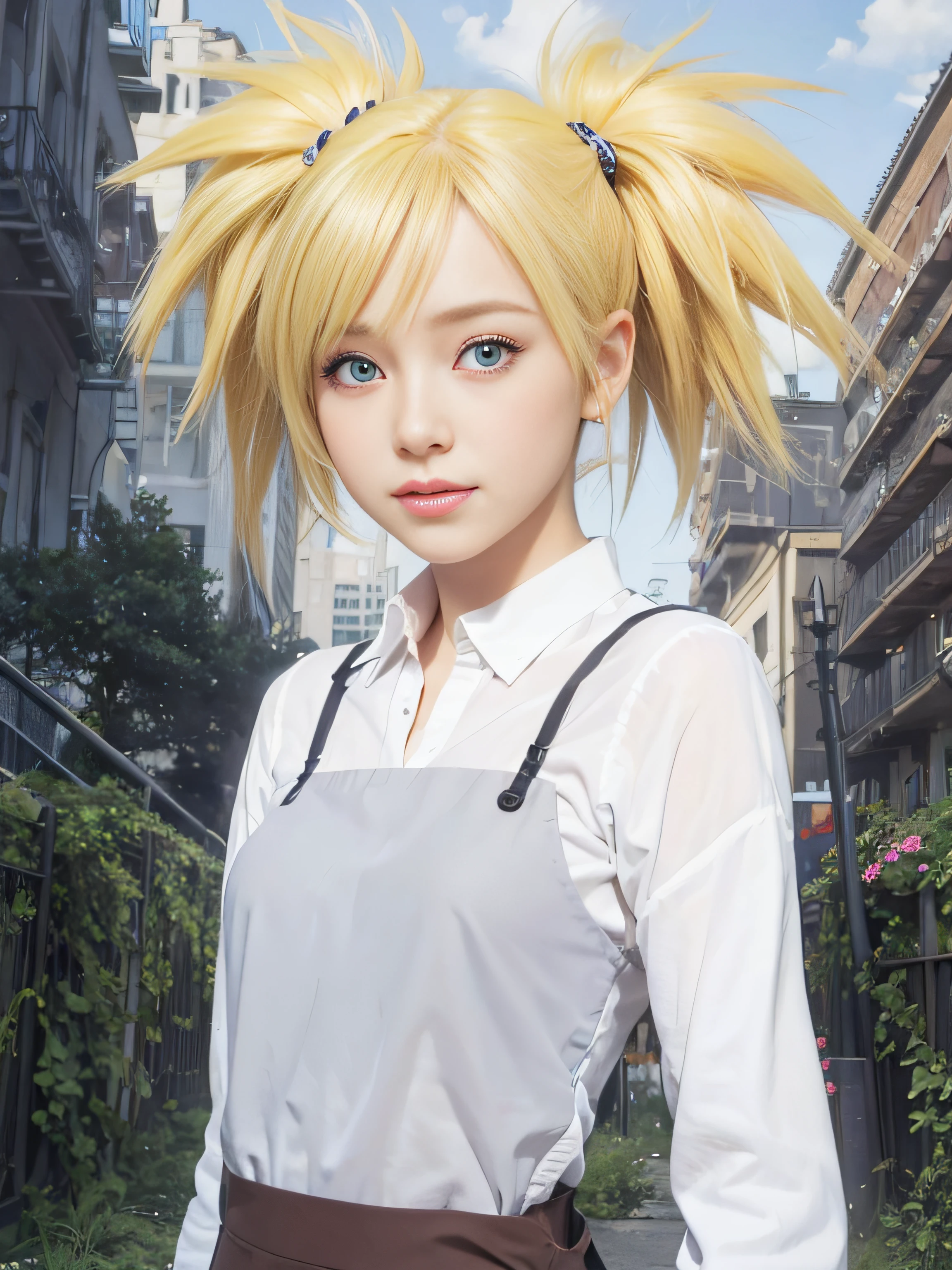 masterpiece, best quality, (realistic, photo-realistic:1.4), (RAW photo:1.2), extremely detailed CG unity 8k wallpaper, delicate and beautiful, amazing, finely detail, official art, absurdres, incredibly absurdres, huge filesize, ultra-detailed, extremely detailed, extremely detailed girl, extremely detailed eyes and face, light on face,little smile,short hair,garden,blonde hair,aqua eyes,city,twintails