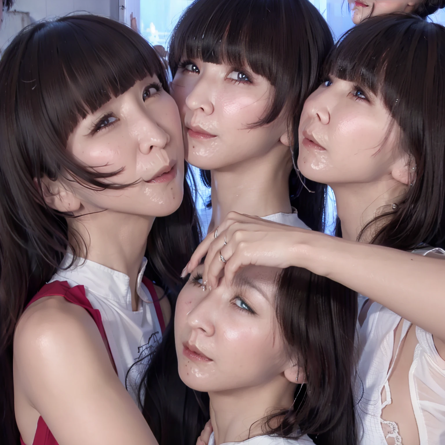 Raw photo、((5girls)),Open eyes、(dripping a lot of saliva)、Five women suck each other's breasts and drink each other's saliva、The same face、Long black hair,chiquita、(orgasm face:1.4)、same person、(Face covered with saliva)、(lesbian orgy)
