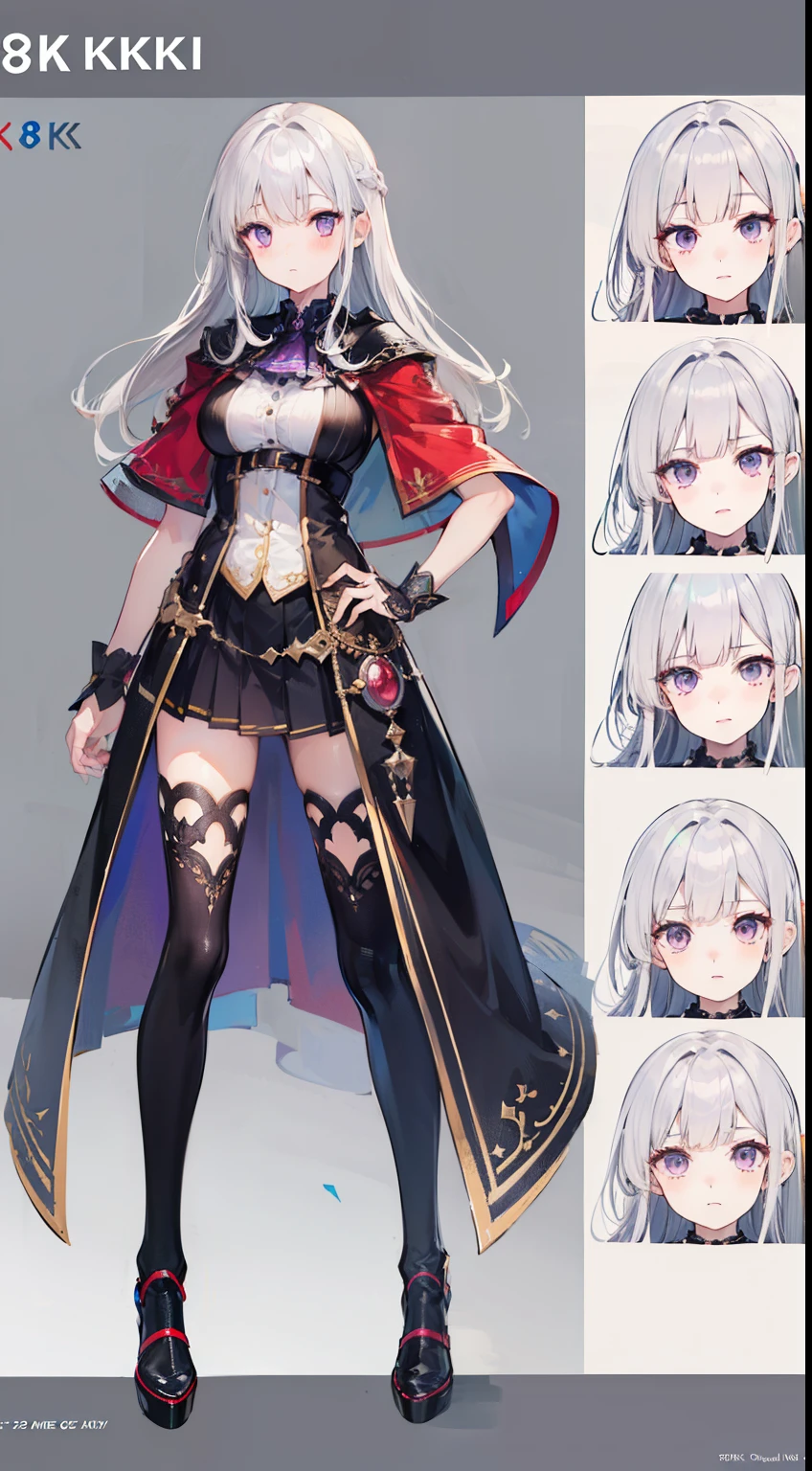 (((8K,top-quality)))1 young girl, character sheets, concept-art, full body Esbian, (​masterpiece:1.2), (Top image quality:1.3), 1girl in, is standing, length hair,magician, Light gray hair,purple eyes arrive,