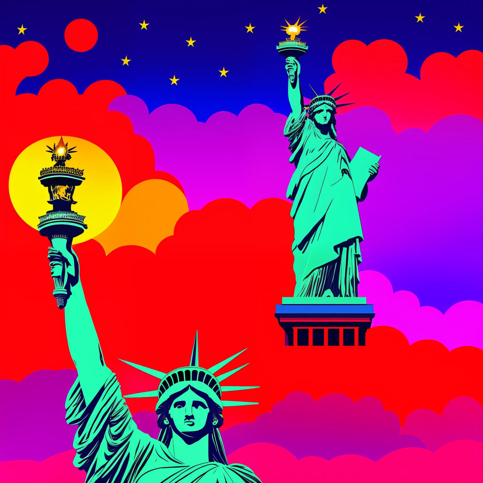 Statue of Liberty in the United States 🇺🇸 New York harbor at night in the style of Peter max