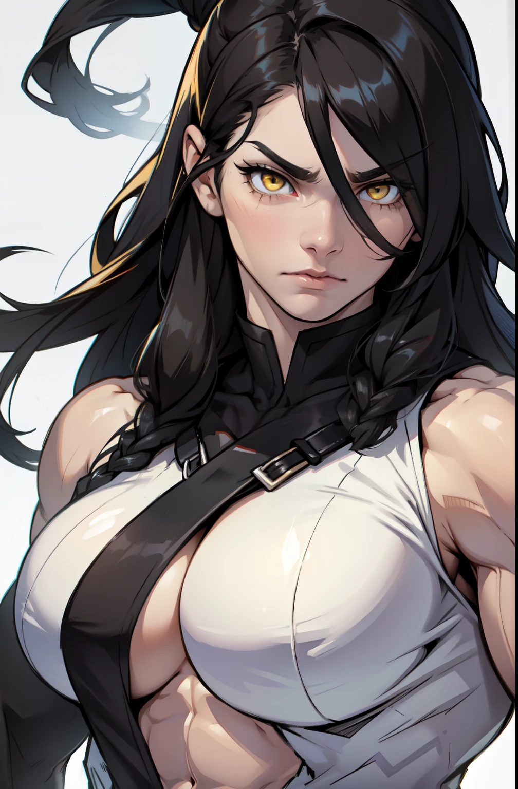 ((1 girl)) frown very long hair pale skin black hair yellow eyes ((((muscular)))) big tits close up