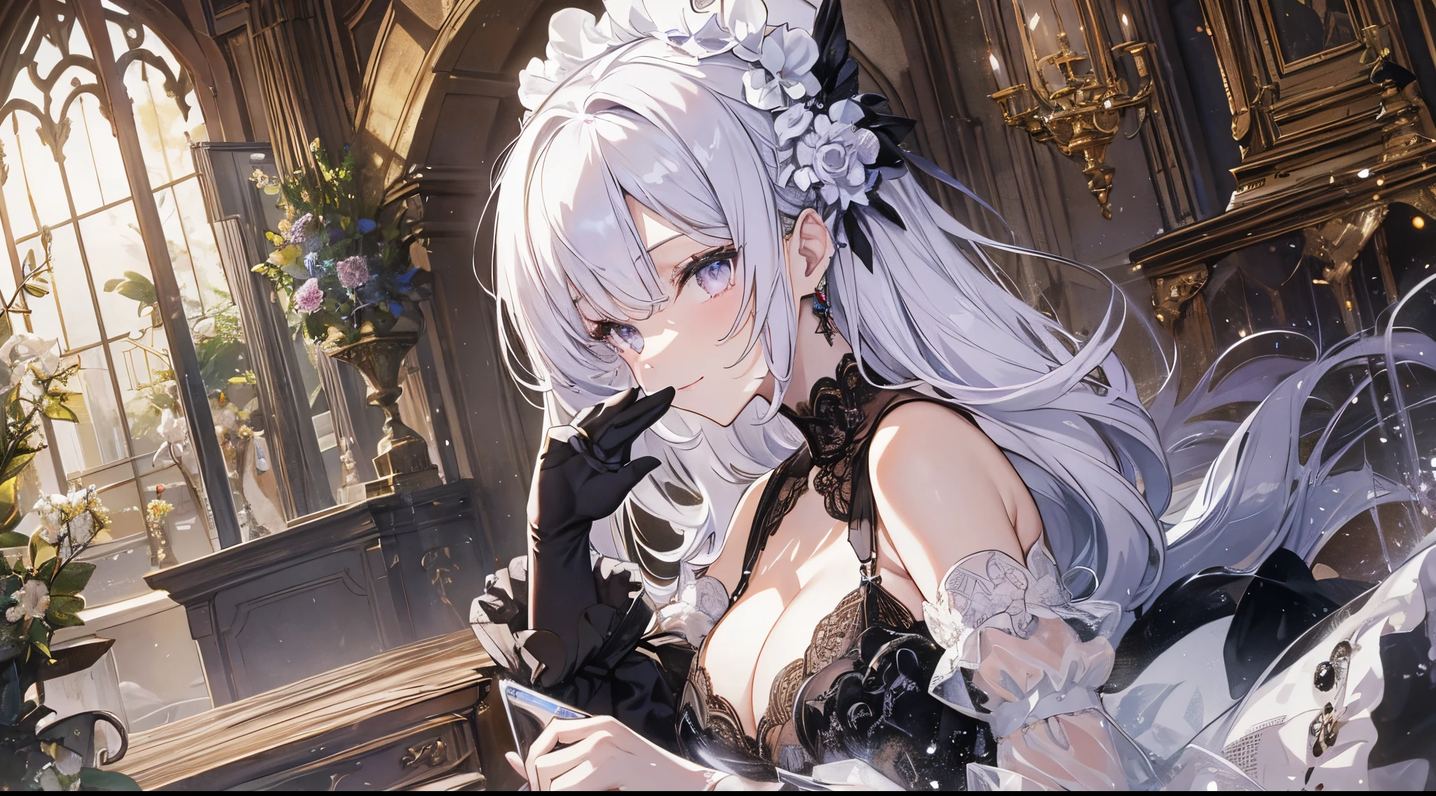 ((tmasterpiece:1.4,Best quality))+,(hyper-detailing)+,(詳細な目:1.5)+,(pointy ears:1.5),(cute girls),(gold eyes:1.5),(Red long-haired:1.5),(lavender:1.2),pale-skinned,seduct smile,black crystal block,Red crystal on forehead,(White maid outfit:1.5),(black ribbon,White stockings,White apron:1.4),Stand up and salute,metal chains,Black silk gloves,Ice compress cleaning effect,Golden Palace,trpical garden,(Classical maid:1.1),(dawn light:1.2),(Thick black and white:1.16),(depth of fields:1.4),Complicated details,color mixing,Detailed route,Excellent,super detailing,The content is very detailed,(hight contrast:1.11),ventania,Amazing cleavage,beautidful eyes,messy hair,(best illuminate,Extremely Delicately Beautiful), ((movie light lighting)), (seen from the side:1.3),8K,tmasterpiece,Best quality,cinematic Film still from,1 plump girl,(Close-up cleavage:1.1),bright,Interesting,gentlesoftlighting,(bauhause,shape,line engineering,Abstract:1.1)offcial art, Unity 8k壁纸, ultra - detailed, Beautiful and beautiful, tmasterpiece, Best quality, (dynamic angle:1.4),Perfect NwsjMajic,(tmasterpiece,top-quality,Best quality,offcial art,Beauty and aesthetics:1.2),The content is very detailed,rich colourful,highest details,