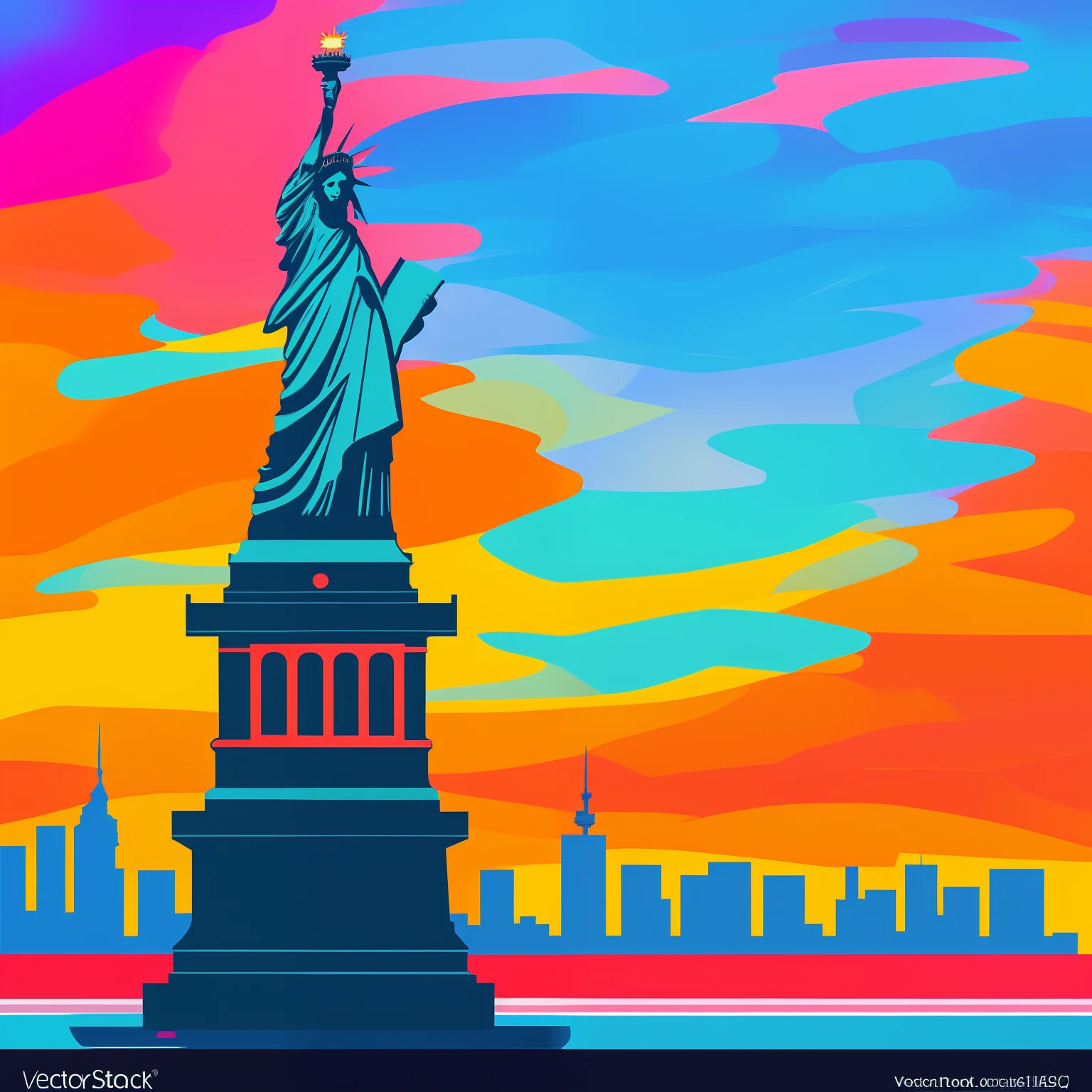 Statue of Liberty in the United States 🇺🇸 New York harbor at night in the style of Peter max