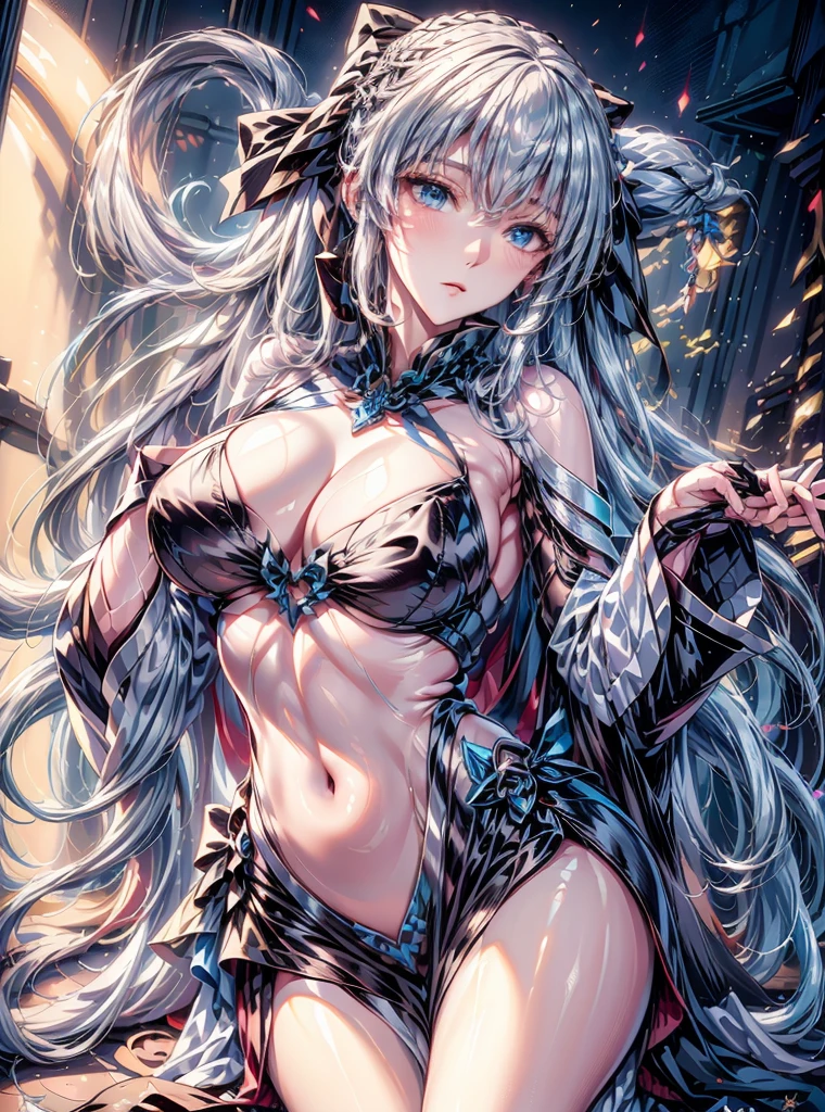 (masterpiece ,Best Quality,Insanely detailed),Beautiful 8K CG artwork,1 absolutely beautiful woman,solo,morgan le fay (fate),detailed face, perfect face, perfect eyes,detailed and beautiful eyes,Twinkle Eyes,blue eyes,Long Hair, pony tail,Very long hair, big boob, black bow,Hair Bow, thighs,side locks, French braid, grey hair,Goddess-like posture,Kneeling exercise,Slim and soft,Translucent skin,big breasts,perfect figure,Glossy lips, Perfect Anatomy , Perfect five fingers,Attractive,amazing, Super Fine Age,dangerous beast,