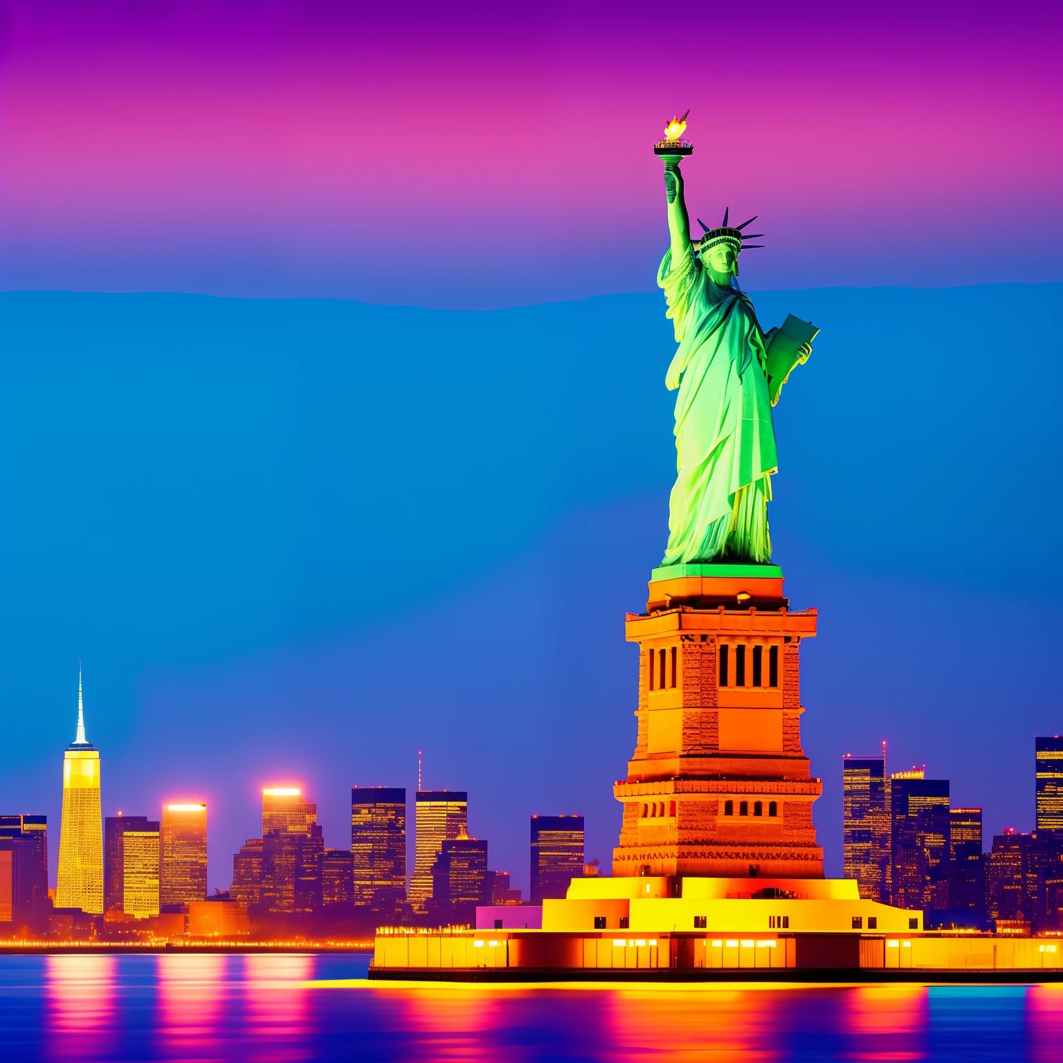 Statue of Liberty in the United States 🇺🇸 New York harbor at night in the style of Peter max