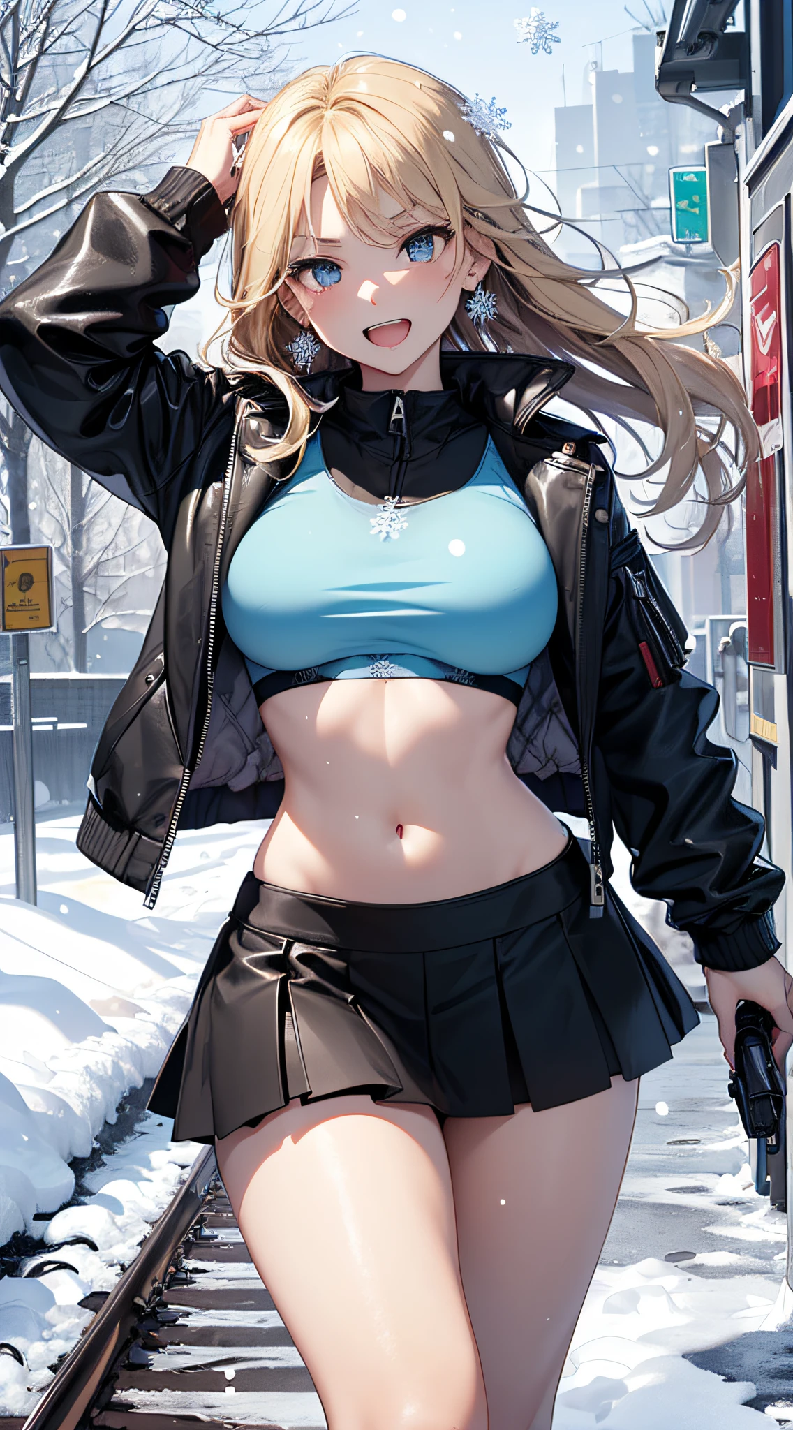 top-quality、Top image quality、​masterpiece、girl with((Black Leather Sports Bra、black rollout jacket、Black leather skirt、、teen ager、cute lit Bust、big bast,Beautiful light blue eyes、Breasts wide open, a blond、A slender,Large valleys、belligerent movements,Warlike face、Holding a handgun、dye one's cheeks red、fighting poses、Laugh、sapphire earrings)),hiquality、Beautiful Art、Background with((universes、snowflakes falling、Heavy snow falls、Station platform)))、masutepiece、depth of fields,8K