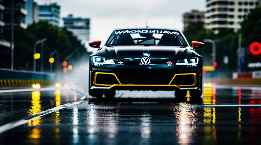 Volkswagen car virtus, all Black, windows Black, black paint. 3/4 front camera view day rainy scene, blurred race motor speedway background , cloud and light reflection on car.wet Street after Rain, Gta style, all Black, shiny, Volkswagen virtus 2023, 8k, RAW, Perfect light, blurred City, Perfect photo, lavida Volkswagen, sedan, sport, race, little red details, tuning for indy race, Grand theft auto, Water splashes for the car passing fast on a wet track