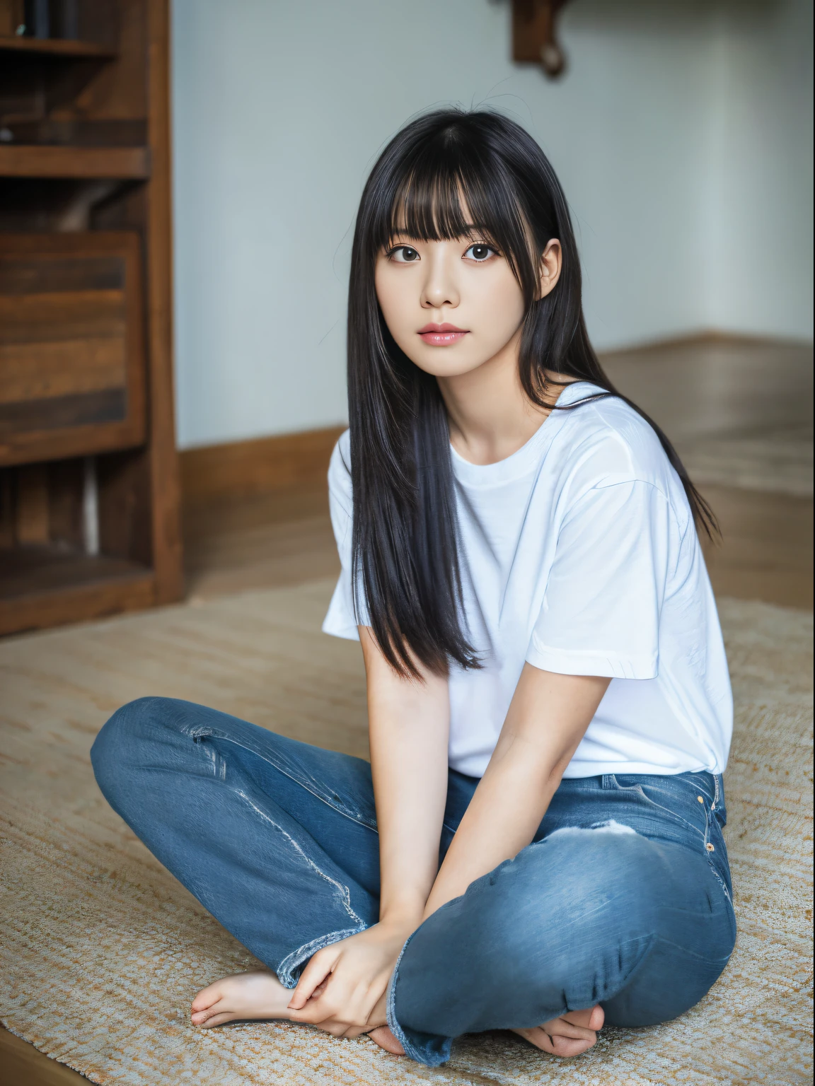 ultra realistic 8k (2 girls),brown brown,wet skin,sweaty skin,black hair,ナイロンT-shirt,punk girl,美しいeye、((perfect female body)), fascinating look、very detailed_eye、thick tight、plump breasts、 Beautiful and detailed background、Depth of bounds written、hentel realism:1.3、1 girl、T-shirt、pleated skirt、sit、full body esbian、 (ambient light:1.3)、(cinematic work:1.3)、(neon light:0.1)、(HDR:0.1)、highlighting lighting、white pantyhose、thighs:1.5