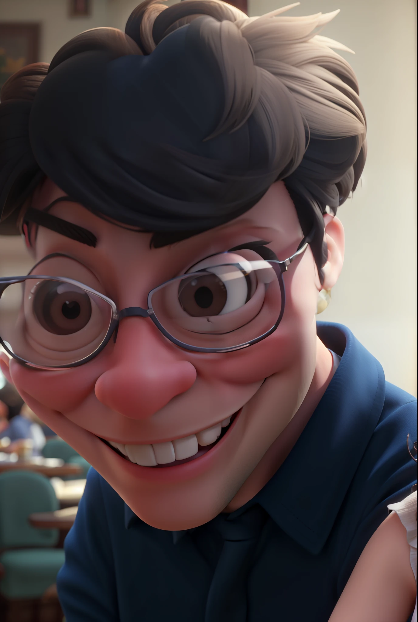 Disney Style Couple With Glasses Smiling In Restaurant.