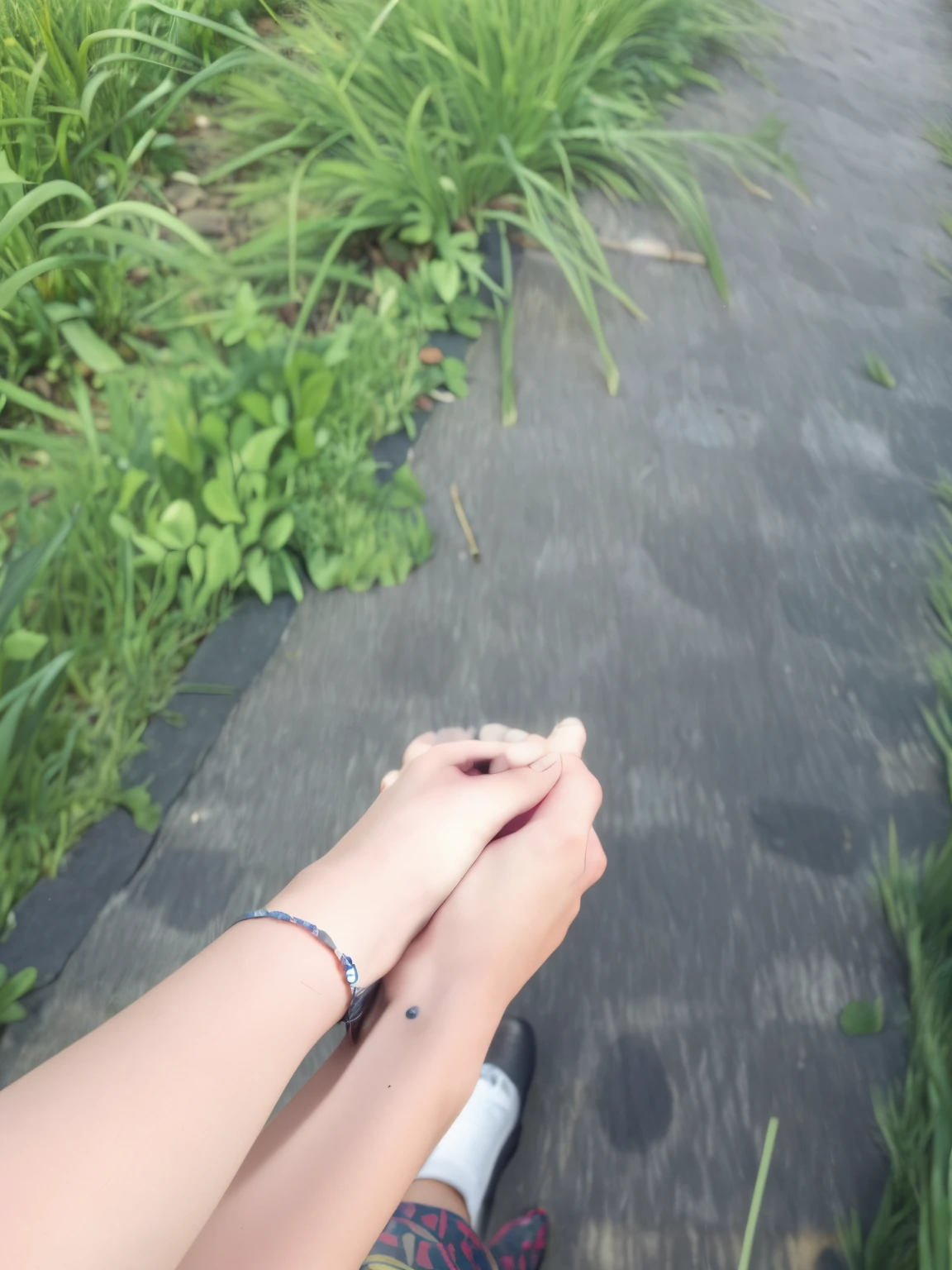Holding hands, wearing a couple bracelets, walking on a brick road with grass beside