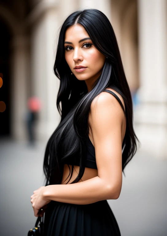 RAW, style, A stunning street photo of a 38-year-old woman, beautiful with striking features. She must have long black hair, a captivating look and a seductive expression. The background should be rome, allowing the woman to be the focal point of the image. Please pay close attention to details, such as highlights and shadows on your face and hair, to create a realistic and realistic image. Try different lighting techniques to improve the mood and atmosphere of the portrait. The final product should be a masterpiece that captures the essence and beauty of the woman, ((highly detailed skin, skin details)), sharp focus, volumetric mist, 8k UHD, DSLR, high quality, film grain, Fujifilm XT3, full body