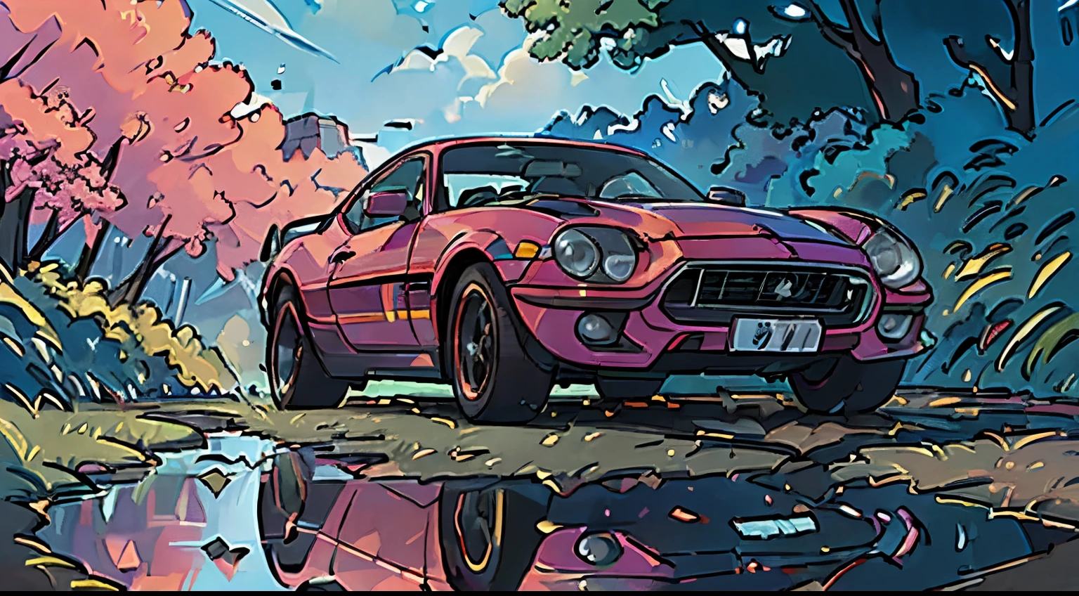 [best quality,high resolution:1.2],ultra-detailed,(realistic:1.37) car, beautiful outdoor scenery, detailed reflections on the car's surface, high-quality and precise painting, vibrant colors, natural lighting, a girl beside it。