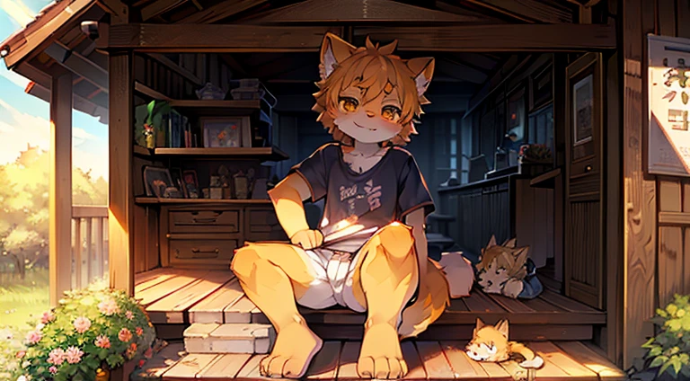 (sunny environment:0.8),tmasterpiece,high qulity,abstract resources,digitial painting\(artwork of a\), Via Dagasi, ys,Kiyosan,(Humanity,Fluffy fur,Character focus:1.1),Human male cat,short detailed hair,sportrait , Eyes are bright, in a panoramic view, Character focus.(detailedbackground:0.7), 独奏, shaggy, shaggy male, malefocus, Flower charcoal,(Full Body Furry, furry tail,Orange-yellow fur,sunny smile,Beasts are cute too,Wear a t-shirt with a yellow kitten printed on it,Sitting on the steps under the eaves,couay,sun streaming in,dingdall effect