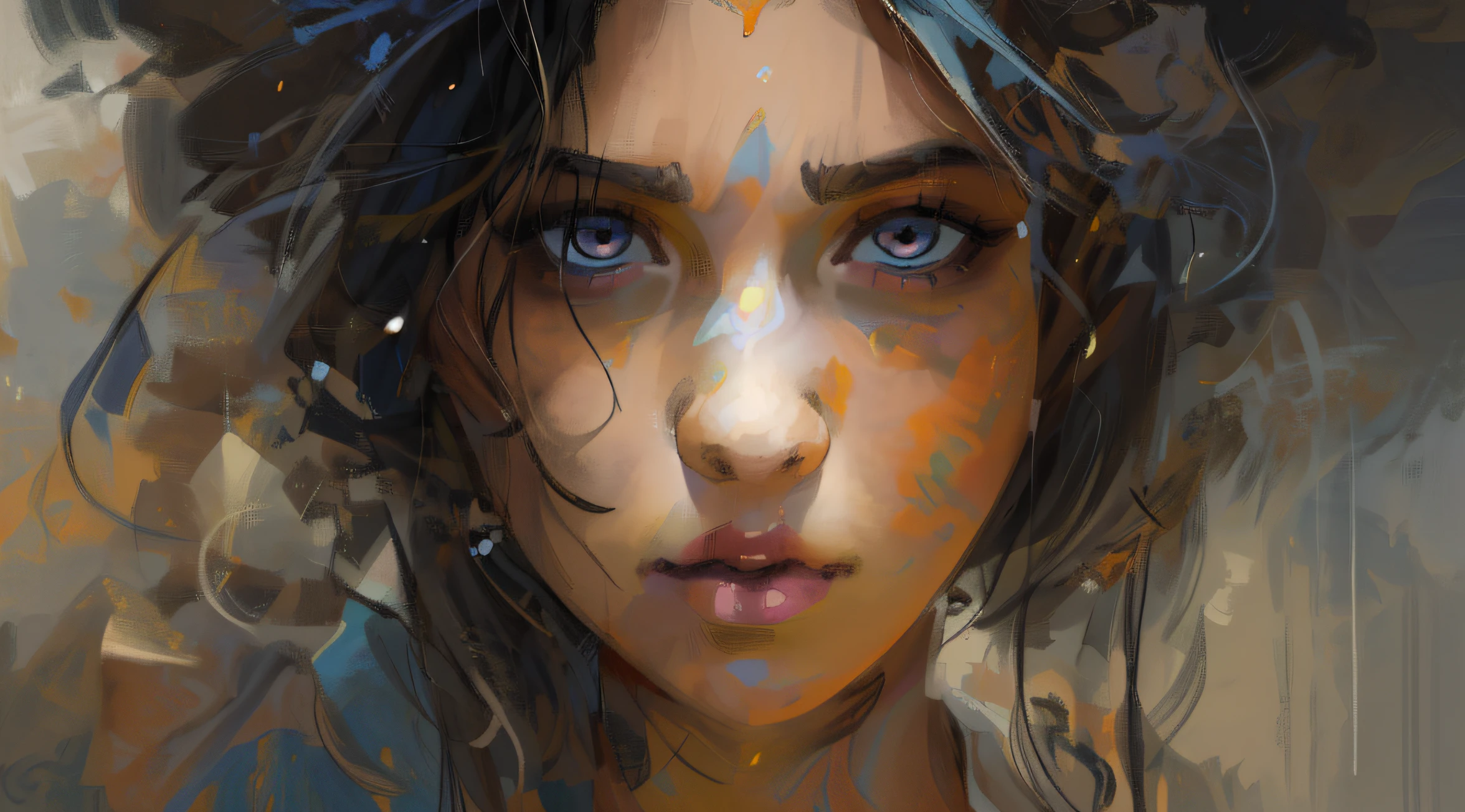 cuadro de una mujer con cabello negro y camisa azul, gorgeous digital painting, Impresionante pintura digital, digital art oil painting, Pintura detallada 4 K, Pintura digital 4K, Hermosa obra de arte digital, fantasy portrait art, Hermosa pintura digital, Pintura digital 4K, Pintura digital 4K, Arte digital 4K altamente detallado, Arte de pintura digital, Hermosa pintura de personajes