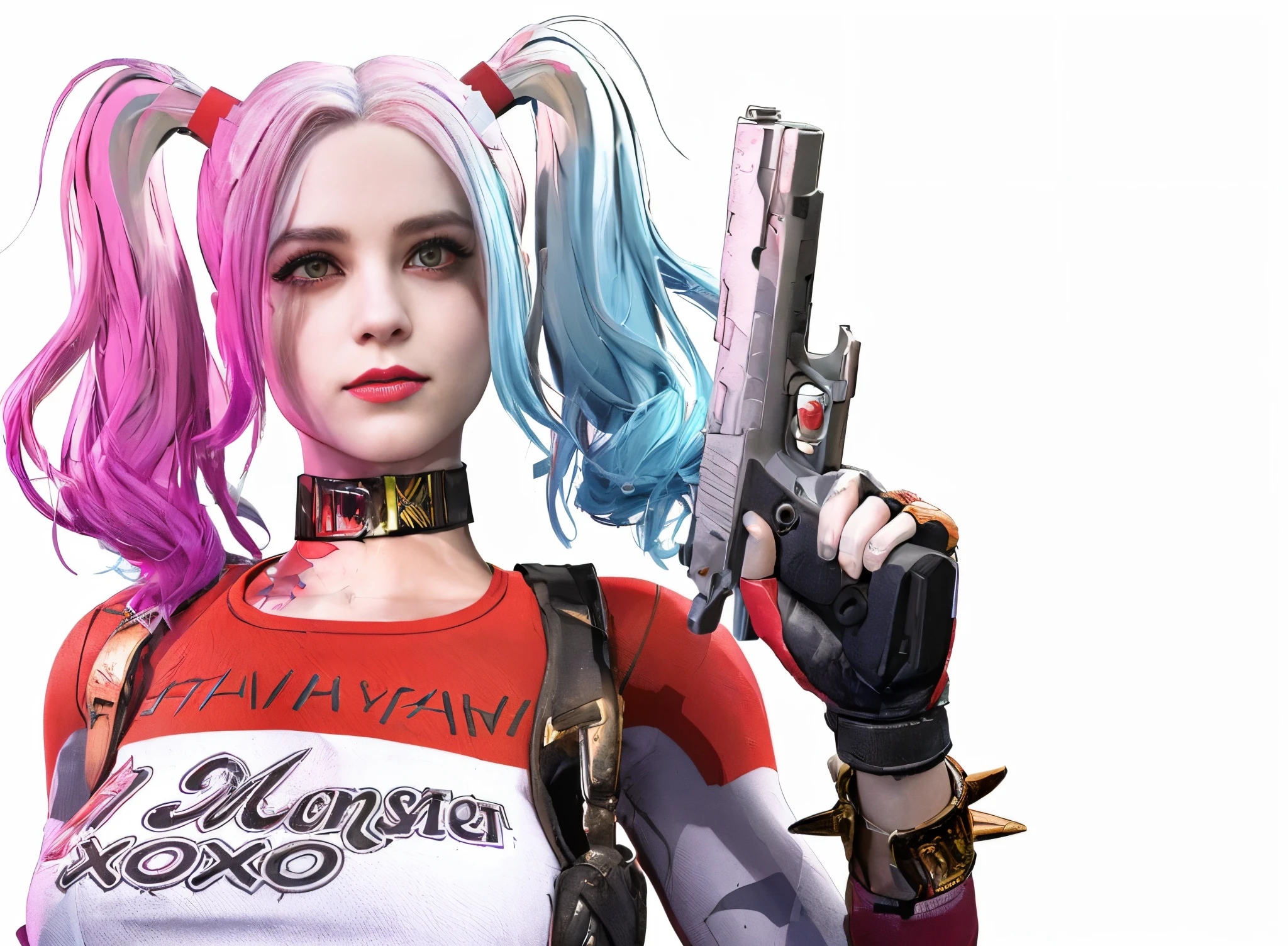 One with a gun、Close-up of woman in costume, Harley Quinn, harley queen, Harley Quinn, Portrait of Halle Quinn, Harley Quinn Station, Highly detailed iconic characters, Harley Quinn movie stills, 3d rendered figure art 8k, Art germ ; 3d unreal engine, hq artwork, Emma Watson is Harley Quinn, Black Harley Queen Cosplay