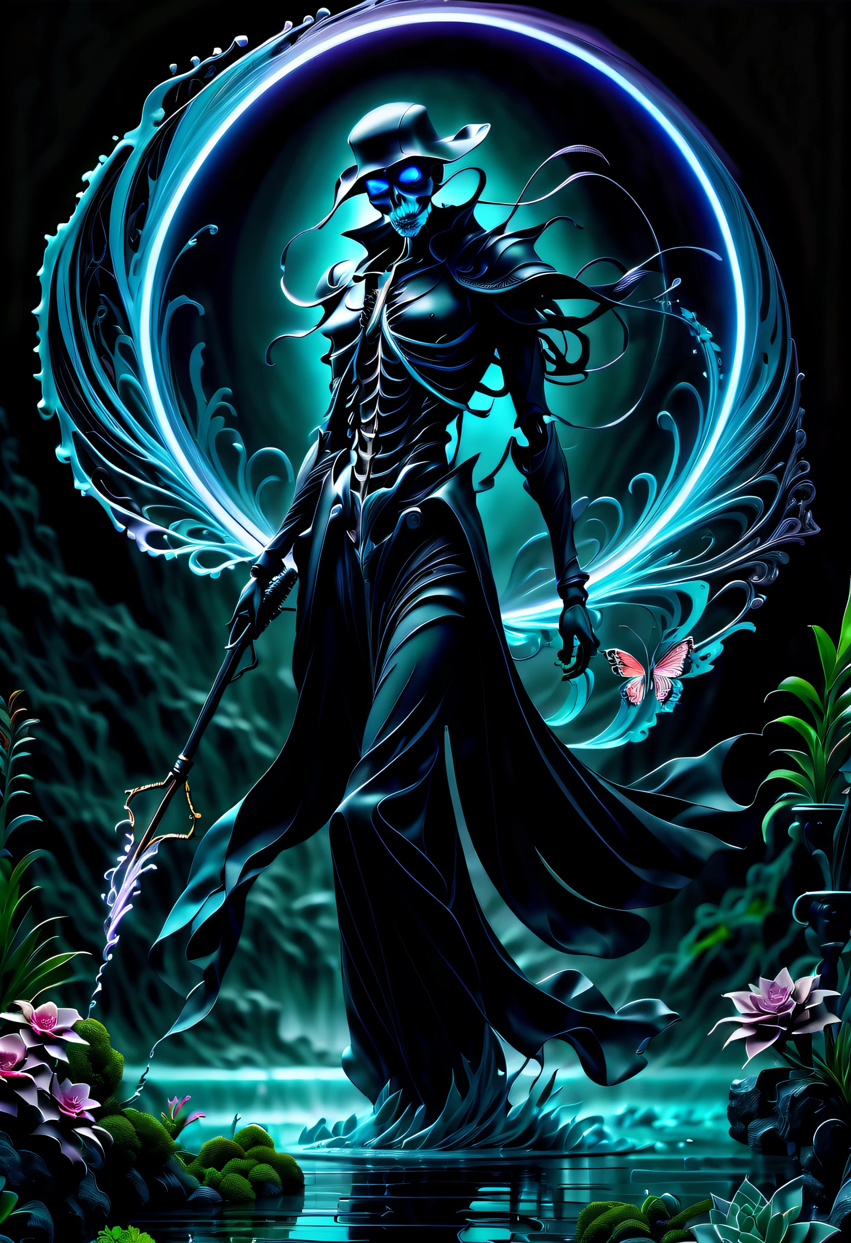 (((dark cyan black_Light painting with dazzling detail and texture art:1.3))), (((beautiful gothic horror、It's a Grim Reaper that has been holding for a long time.。_large Scythe:1.3))), (((1 piece of swallowtail butterfly with plenty of glittering scale powder:1.2))), (((To a juicy planet:1.3))), (((Seamless insane fusion design:1.4))), great atmosphere pose, (((Black_Light style with great rendering:1.4))), (((Illustration of different styles of top and bottom art:1.3))), (((Under the dark_Color_Water tornado due to upper radiation and release:1.6))), All capture beautiful details Black_light glow, (((beautiful detail black_light_Shine and dim glow behind:1.3))), Mysterious beauty, elegant twist, Swirls and sparkling glass, Dim lighting, (((high contrast resolution:1.1))), (((Delicate touch:1.5))), (((pop splash succulent neon_Hazy glow_garden background details:1.1))), (((Intricate details:1.3))), (((fantasy fairy illustration:1.2))), matte paint, mezzotint, detailed gouache painting, heavy stroke mix, ((Eternity and dark fantasy wishes:1.1)), (((Exquisitely clear details:1.4))), (((true masterpiece:1.4))), UHD drawing,