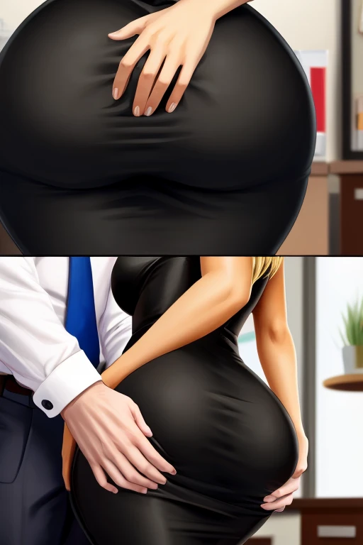 A close-up of just the woman's big ass. In an office environment. A woman with blonde hair, wide hips, and a big thick ass is wearing a tight black dress. A man is groping, squeezing, and grabbing her big ass.