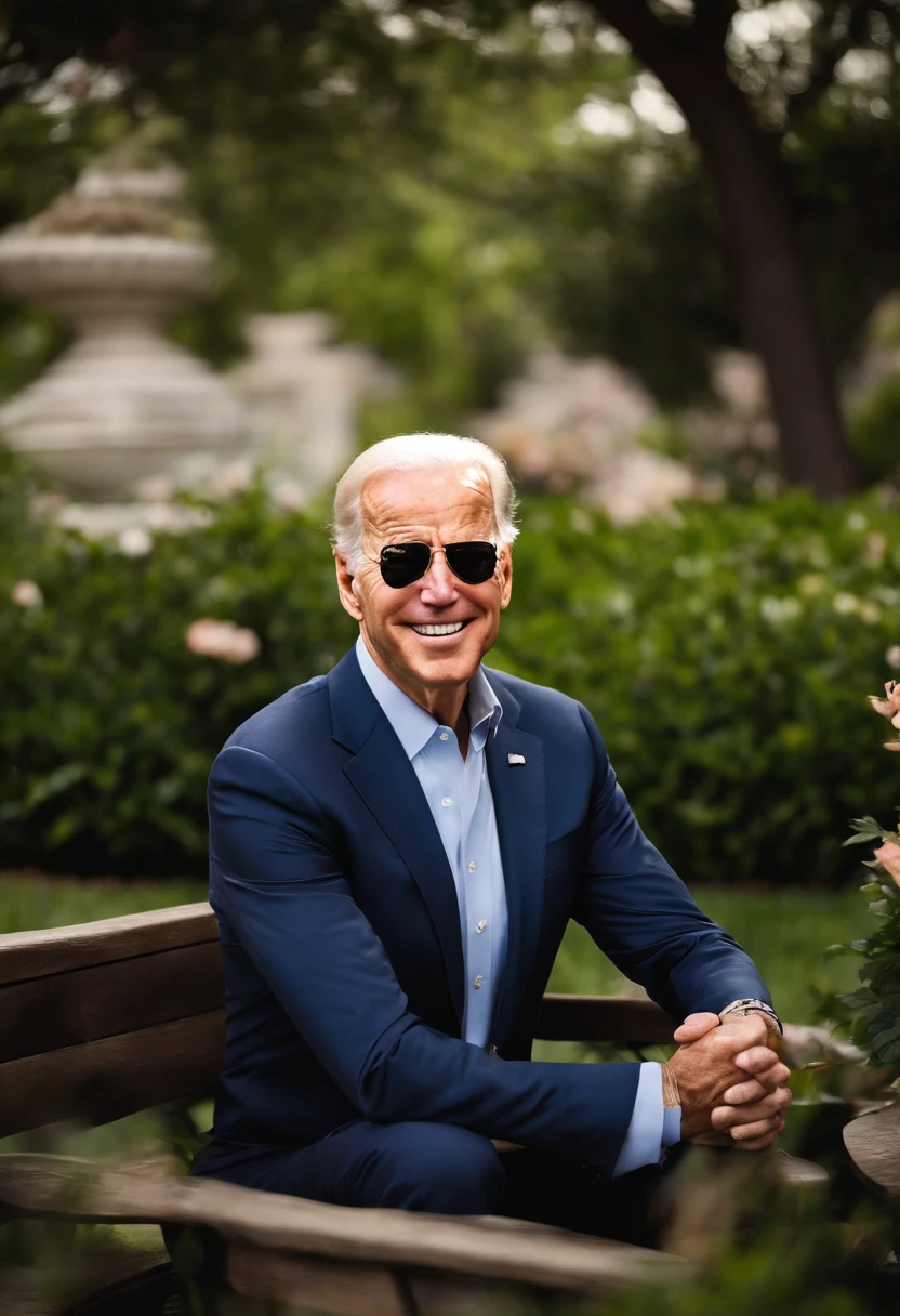 A photo of Joe Biden peacefully practicing meditation in a serene garden,original, Joe Biden, the President of the United States, is typically seen in a suit and tie, often with a smile and aviator sunglasses, which have become somewhat of a trademark look for him. He has white hair, blue eyes, and is known for his friendly demeanor., male