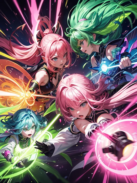 Fluorescent pink hair、Fluorescent Green Clothing、neon color、Vivid Color、battle garments、length hair、illustratio、Saturated colors、Dynamic angles、dynamicposes、Rin々Shishi Face、Dynamism、Multiple people、Attack、​masterpiece、Best Quality、4K、high-detail、The sword、A warrior、facing each other、confront、