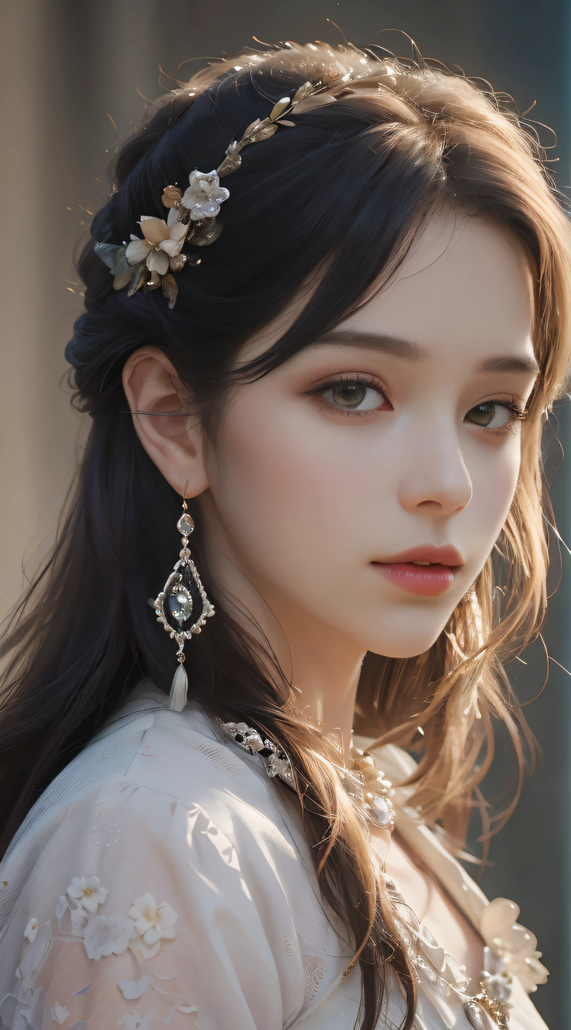 (Best quality, 4K, 8K, A high resolution, Masterpiece:1.2), Ultra-detailed, Realistic portrait of an aristocratic maiden, Exquisite facial features,Detailed expression, Graceful posture, Dreamy atmosphere, expressive brush strokes, mystical ambiance, Artistic interpretation,Delicately coiled hair,Delicate floral jewelry,Small fresh aesthetics,Stunning intricate costumes, a whimsical illustration, Subtle colors and tones, mystical aura,The details have been upgraded