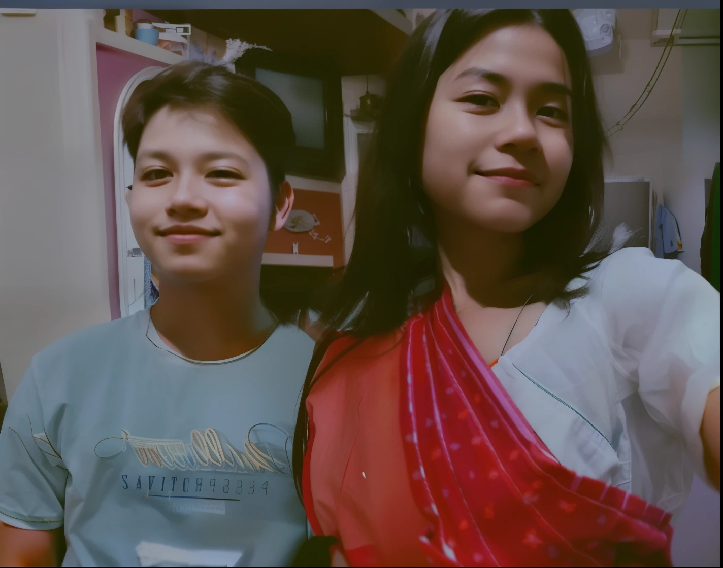 there are two people standing together in a kitchen, candid picture, old picture, very very low quality picture, profile pic, with a kid, with lovely look, facebook post, selfie photo, candid photo, candid photograph, taken with the best dlsr camera, with accurate face, photo taken in 2 0 2 0, around 1 9 years old, selfie, a picture