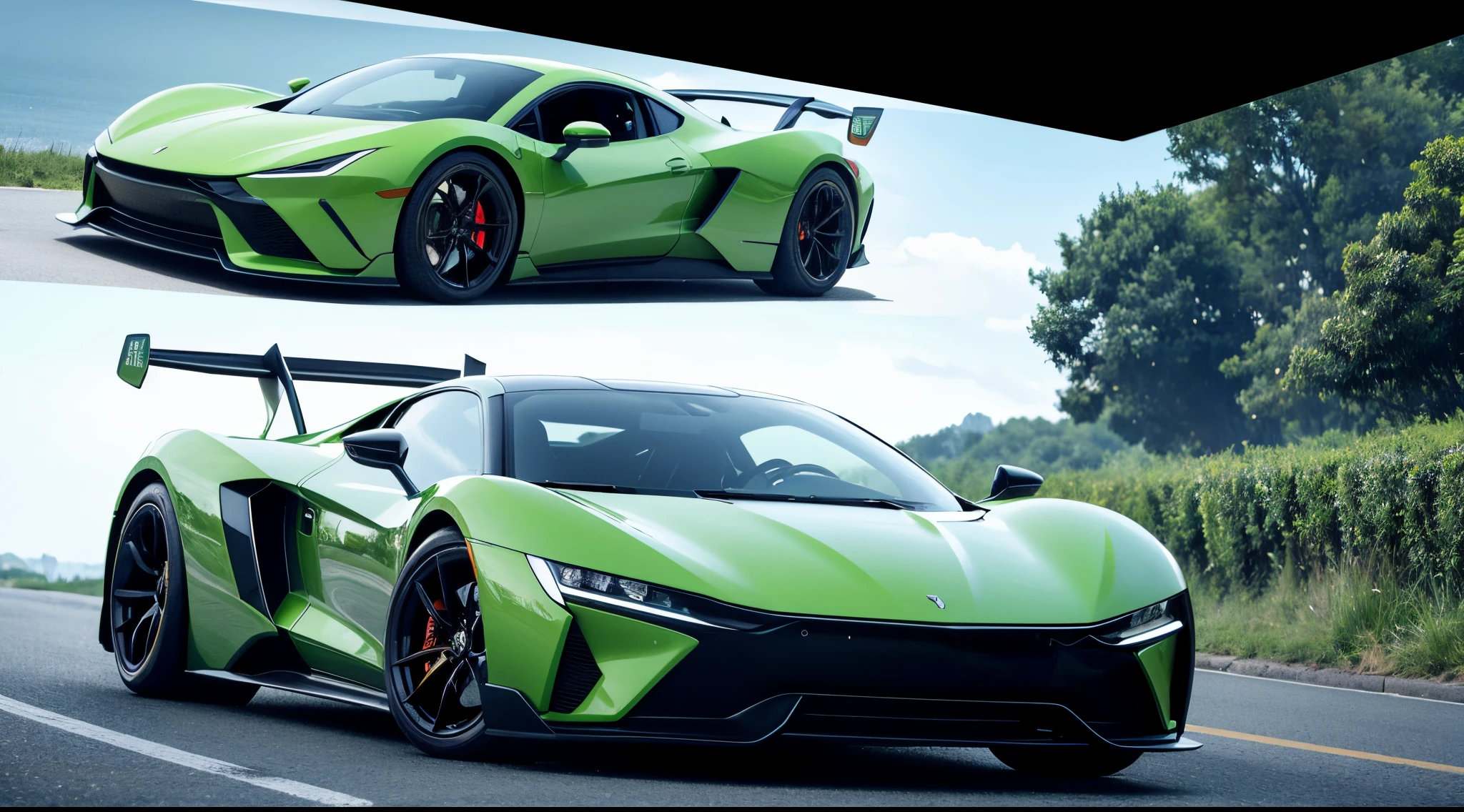 "Bolides, Lush greenery,, On the way, Vivid vector art, futuristic car front,The car is at the top of the screen"